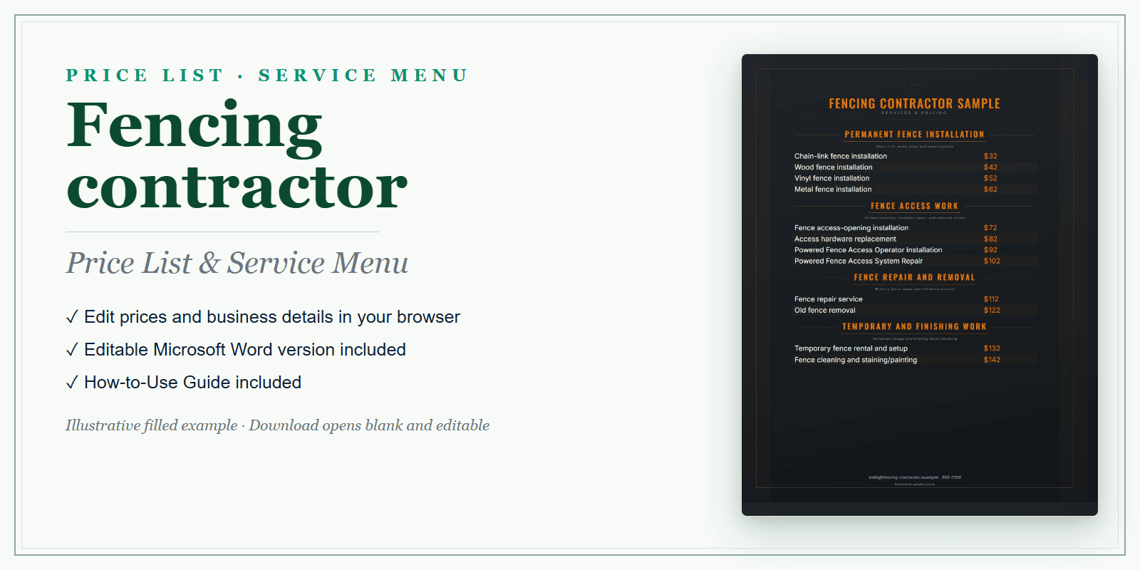 Fencing Contractor Price List & Service Menu product preview