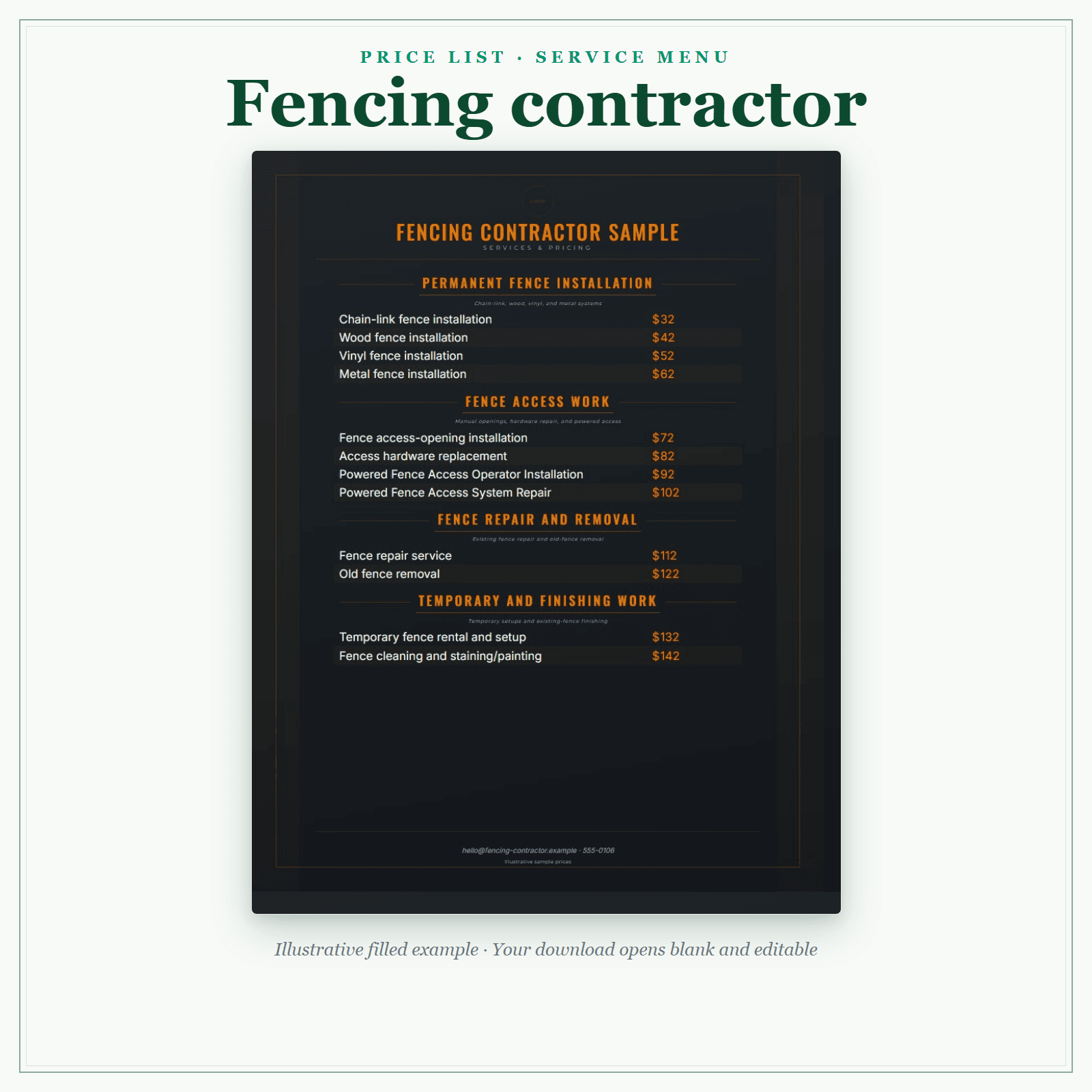 Fencing Contractor Price List & Service Menu sample pages