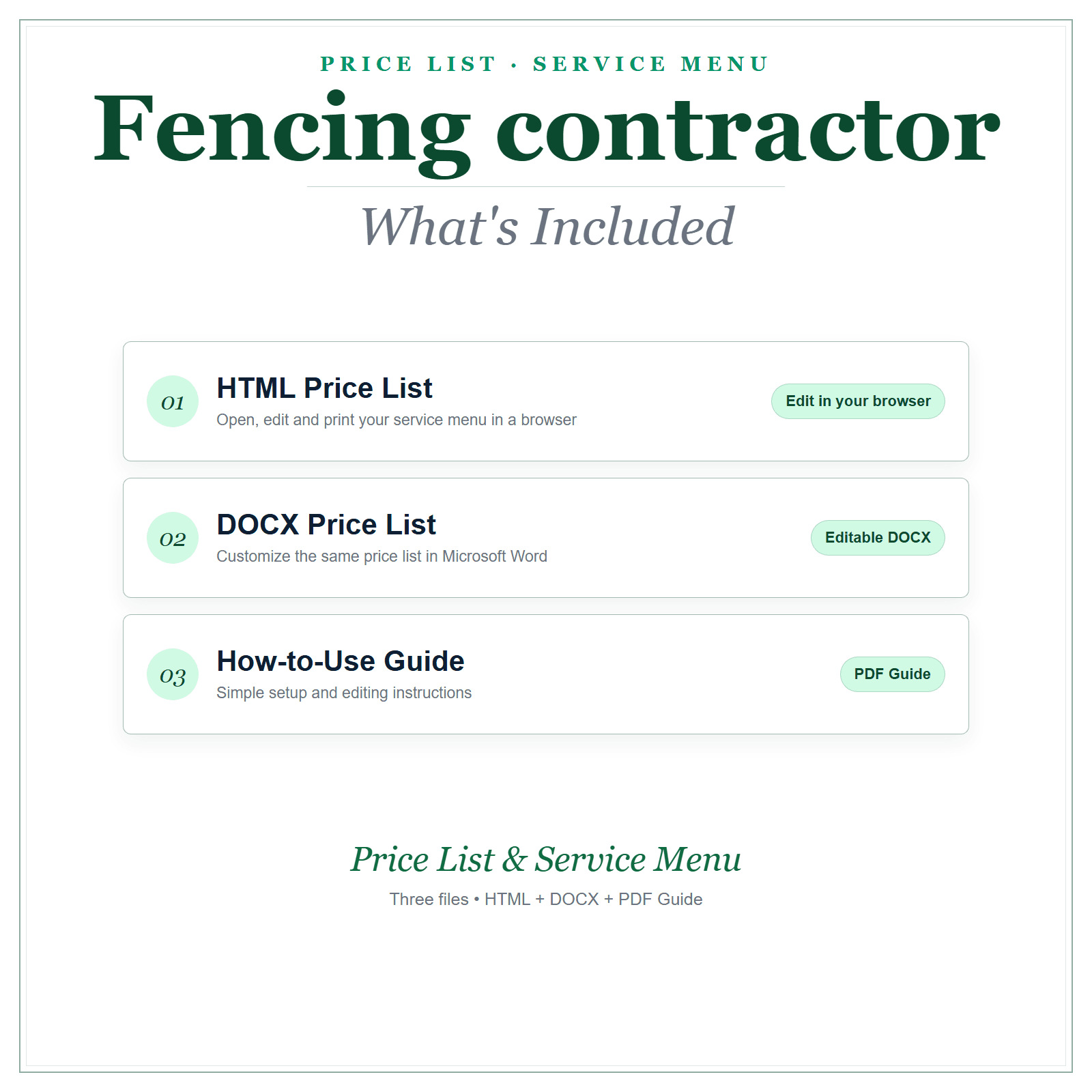 What's included in Fencing Contractor Price List & Service Menu
