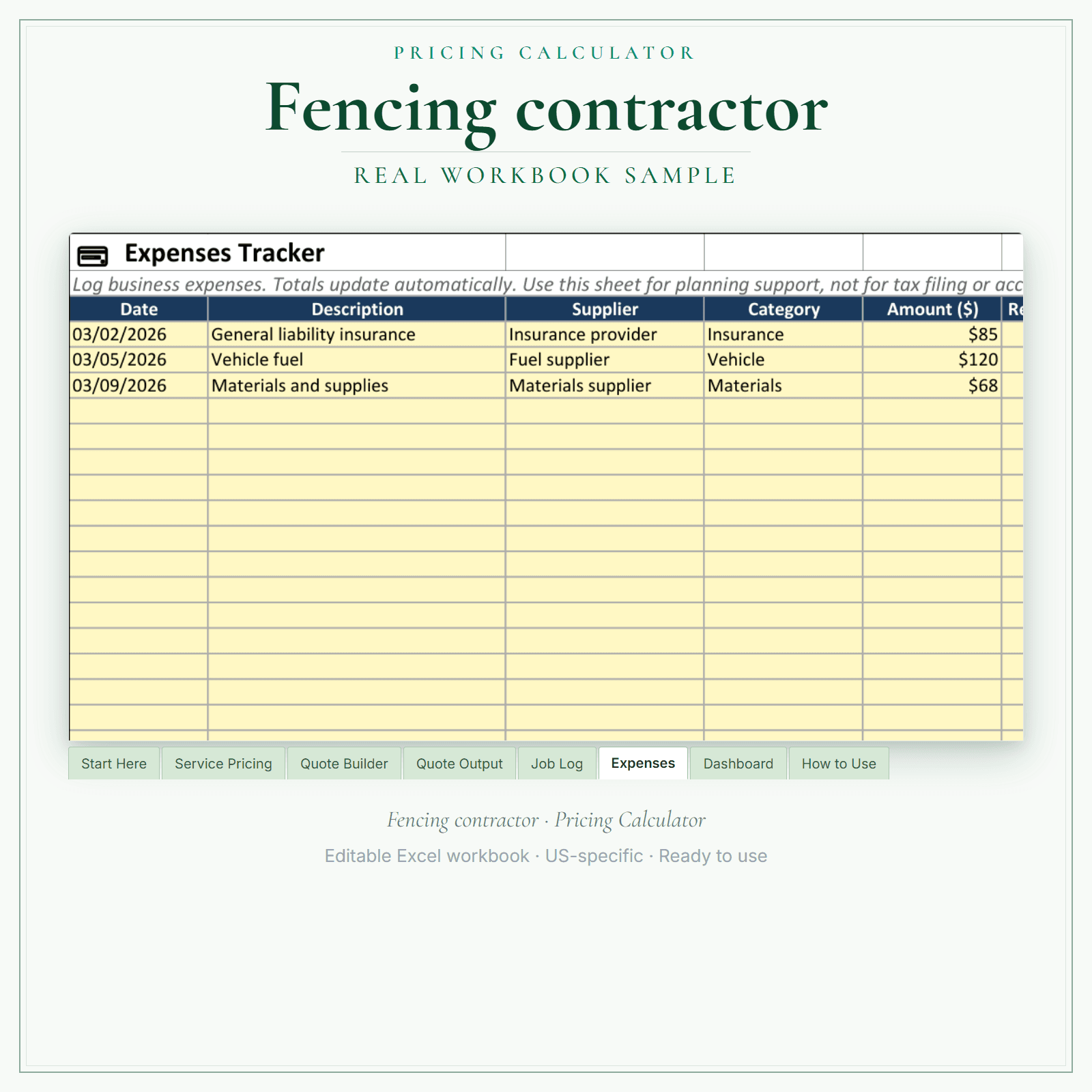 Fencing Contractor Pricing Calculator sample pages
