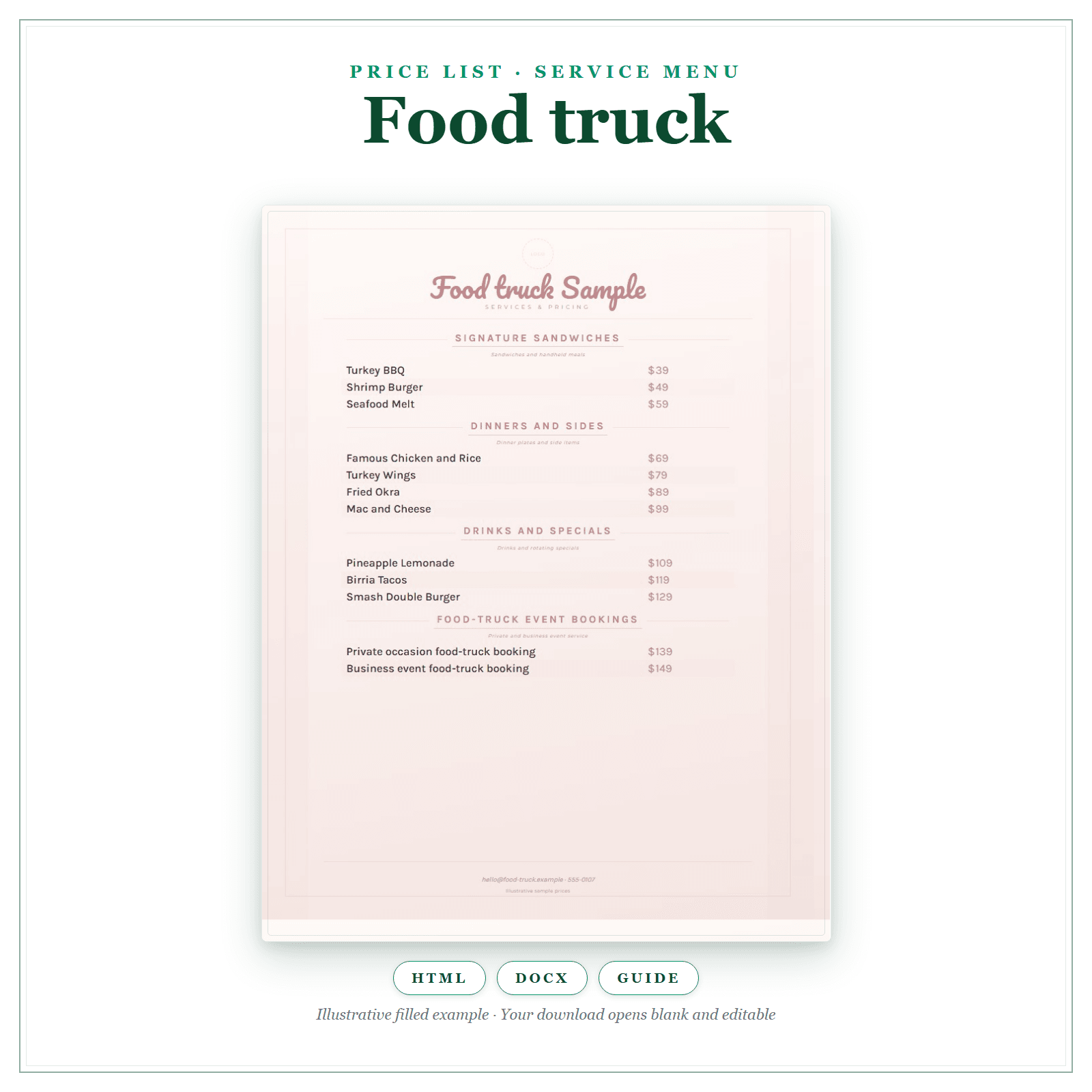 Price List & Service Menu for Food Truck