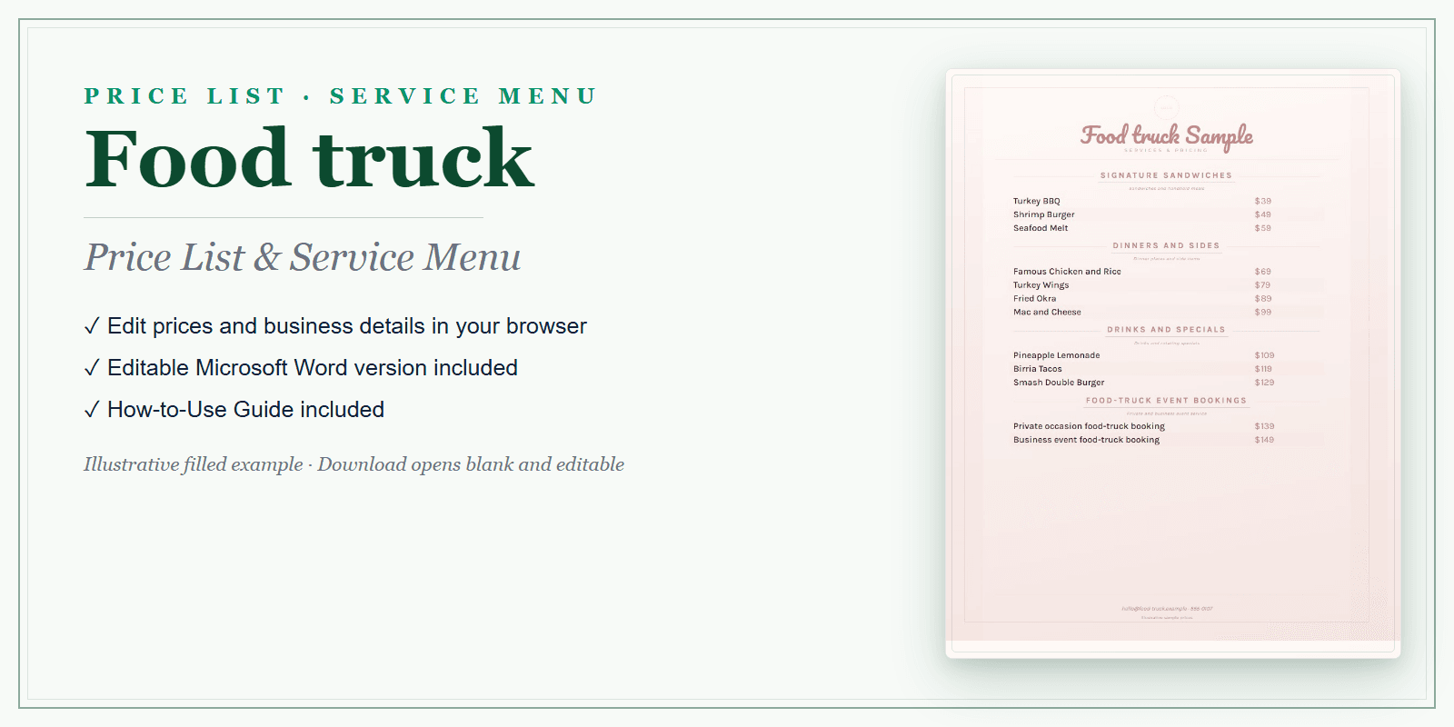 Food Truck Price List & Service Menu product preview