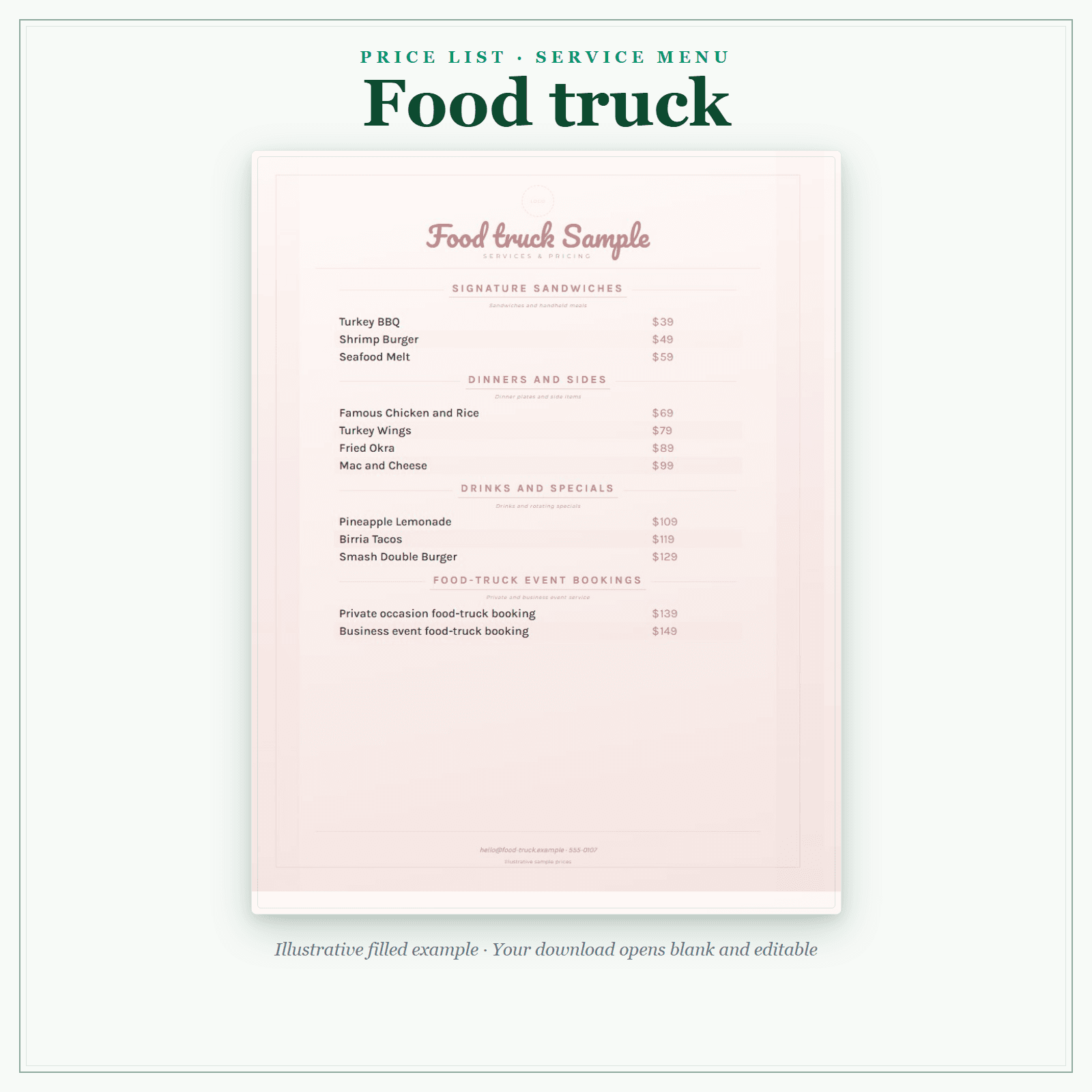 Food Truck Price List & Service Menu sample pages