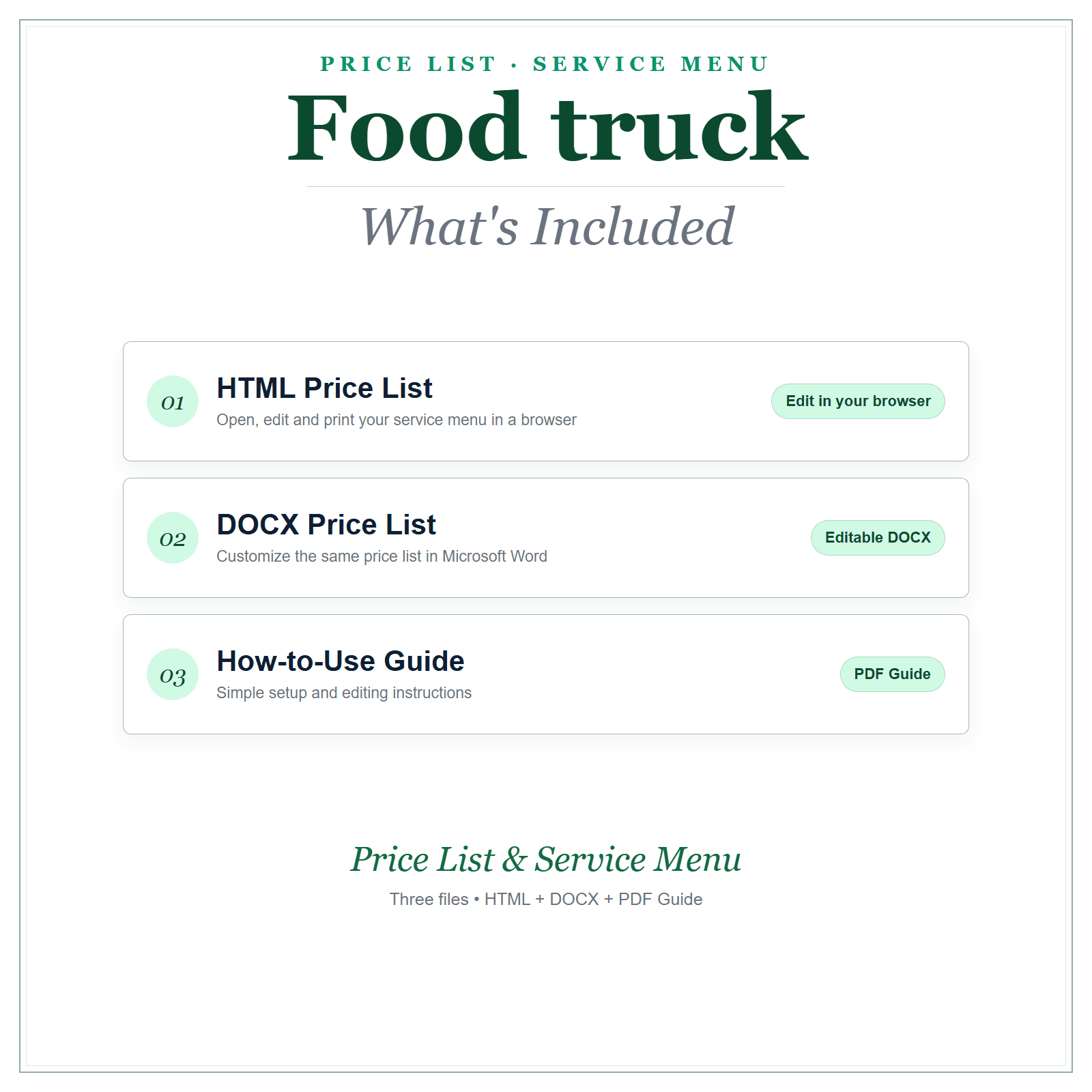 What's included in Food Truck Price List & Service Menu