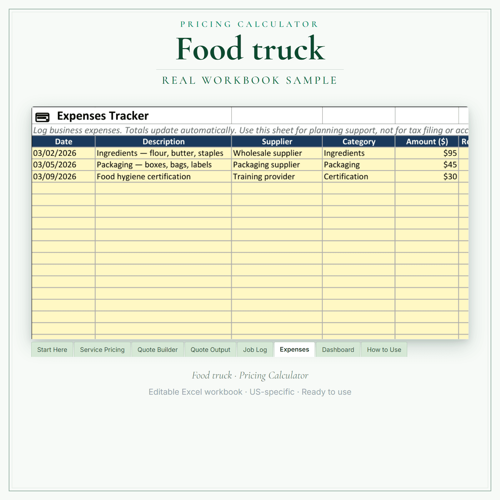 Food Truck Pricing Calculator sample pages
