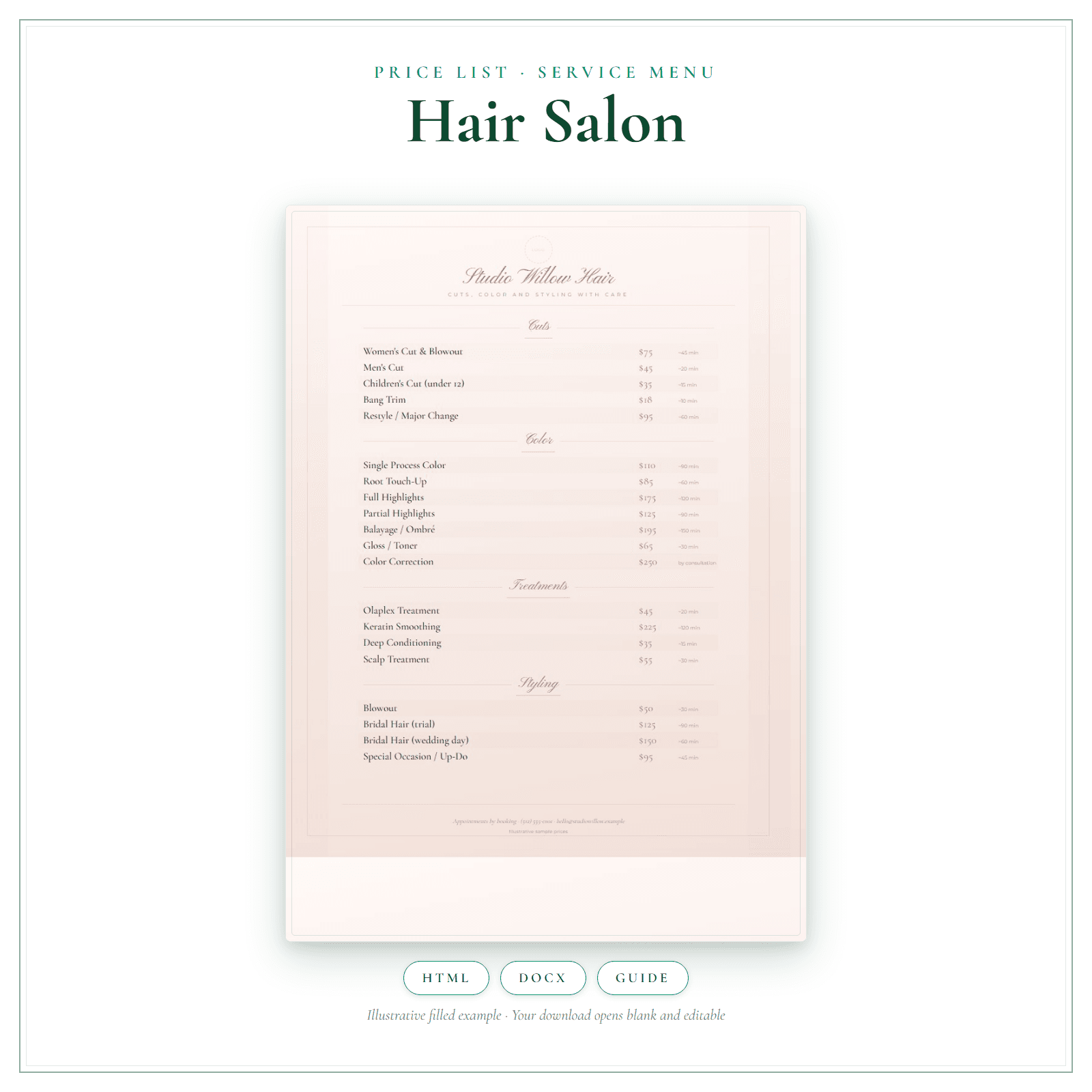 Hair Salon Price List & Service Menu