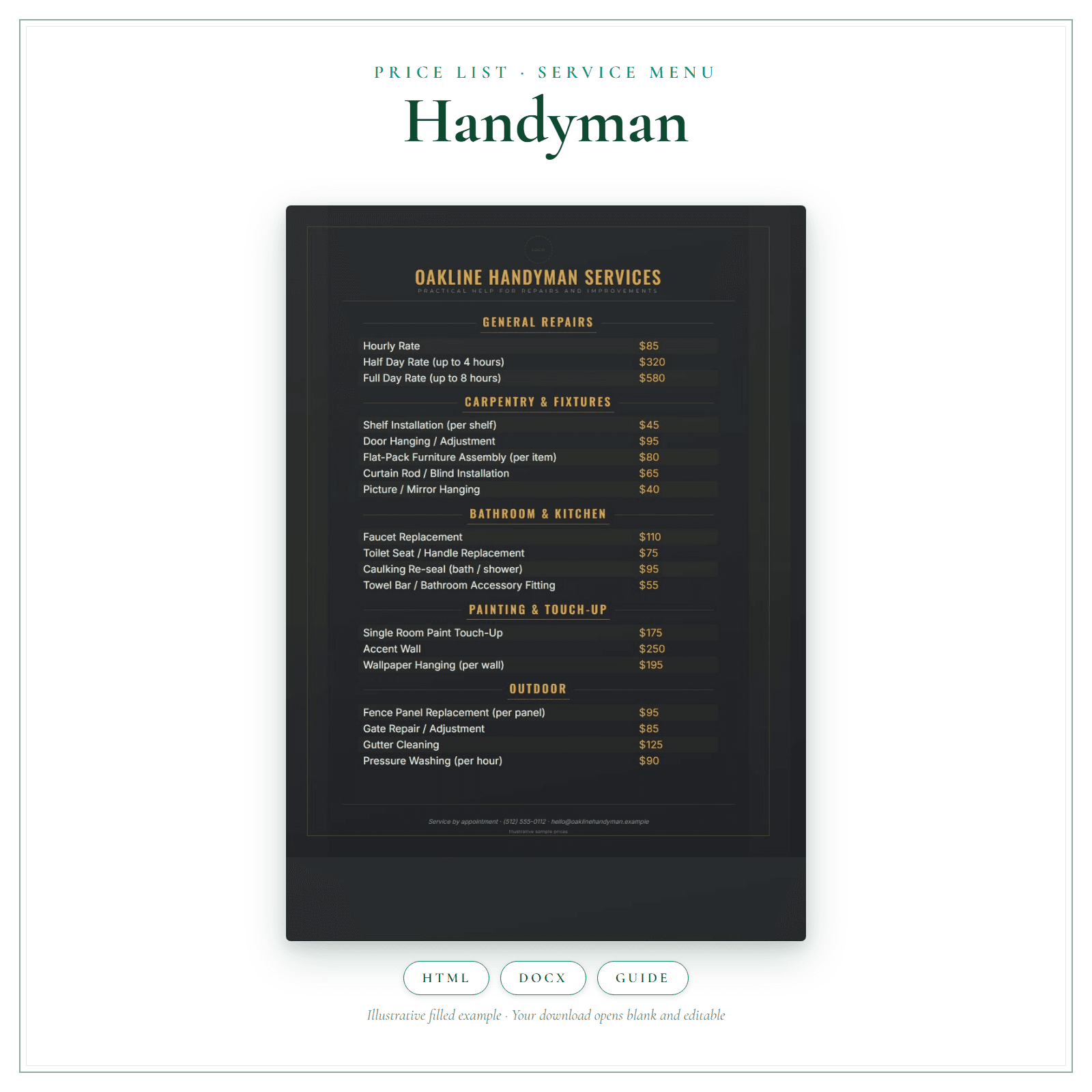 Price List & Service Menu for Handyman