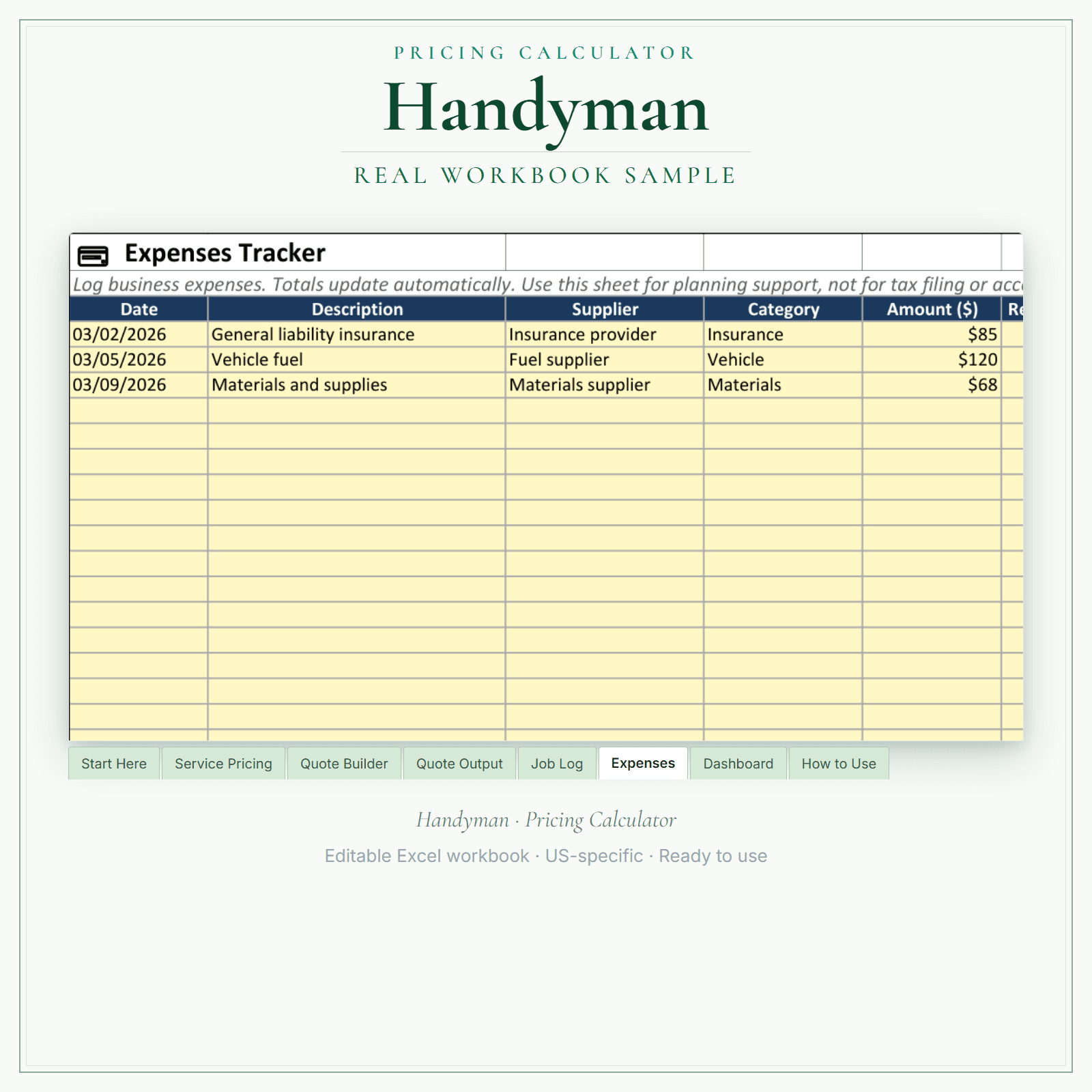 Handyman Pricing Calculator sample pages