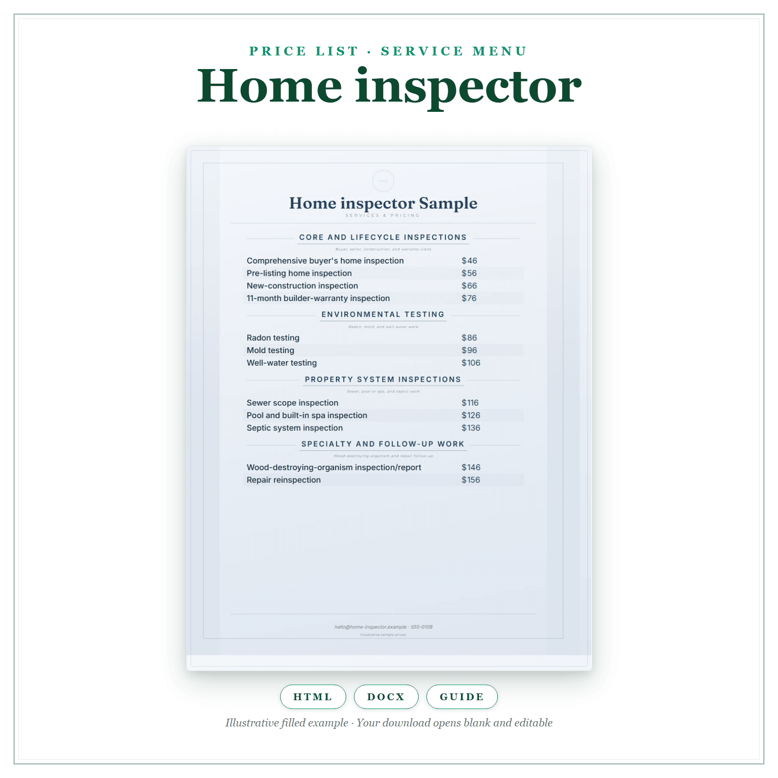 Price List & Service Menu for Home Inspector