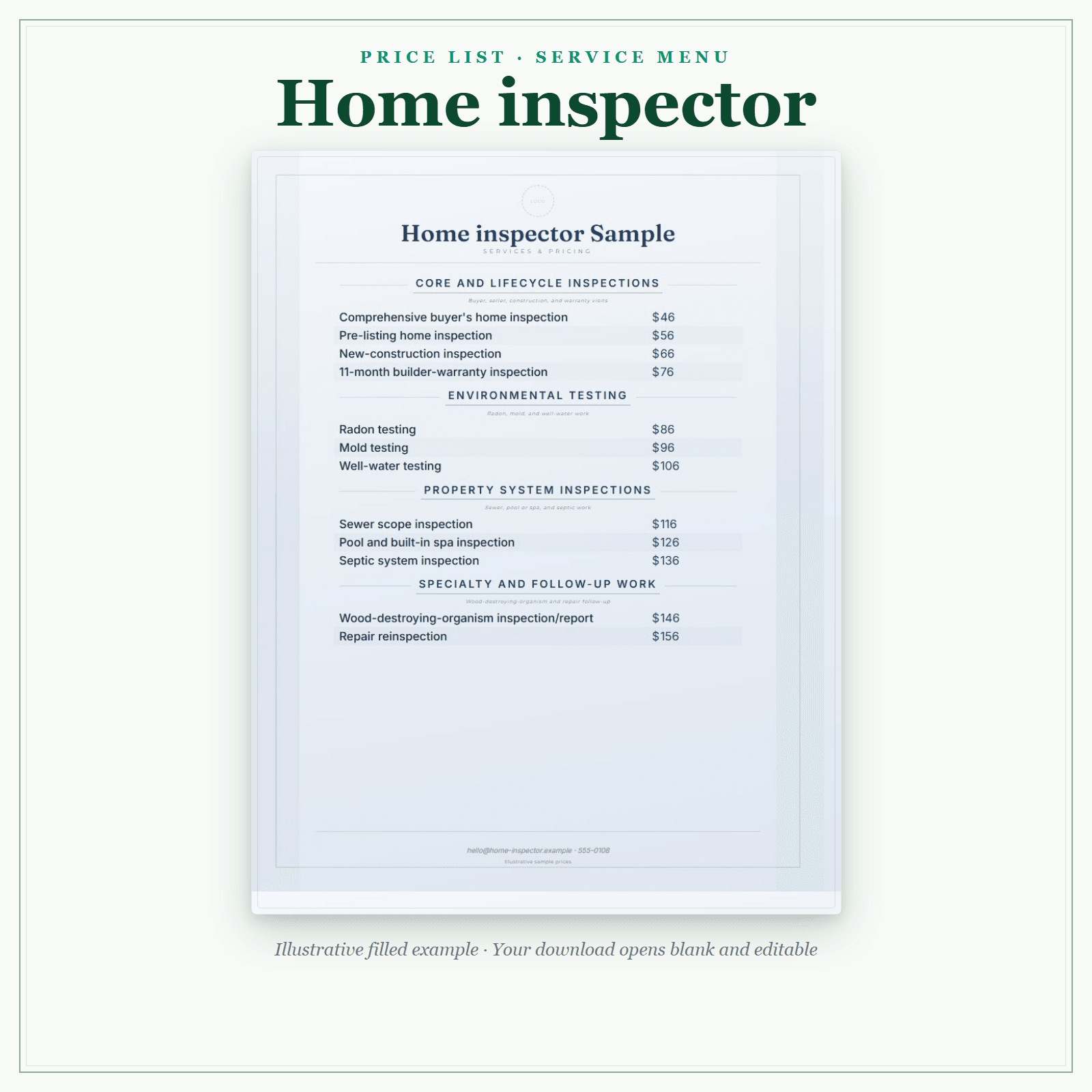 Home Inspector Price List & Service Menu sample pages