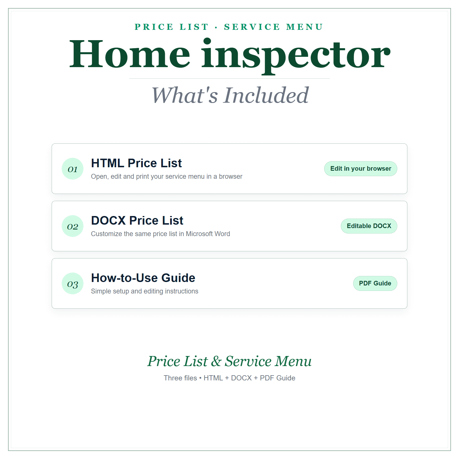 What's included in Home Inspector Price List & Service Menu