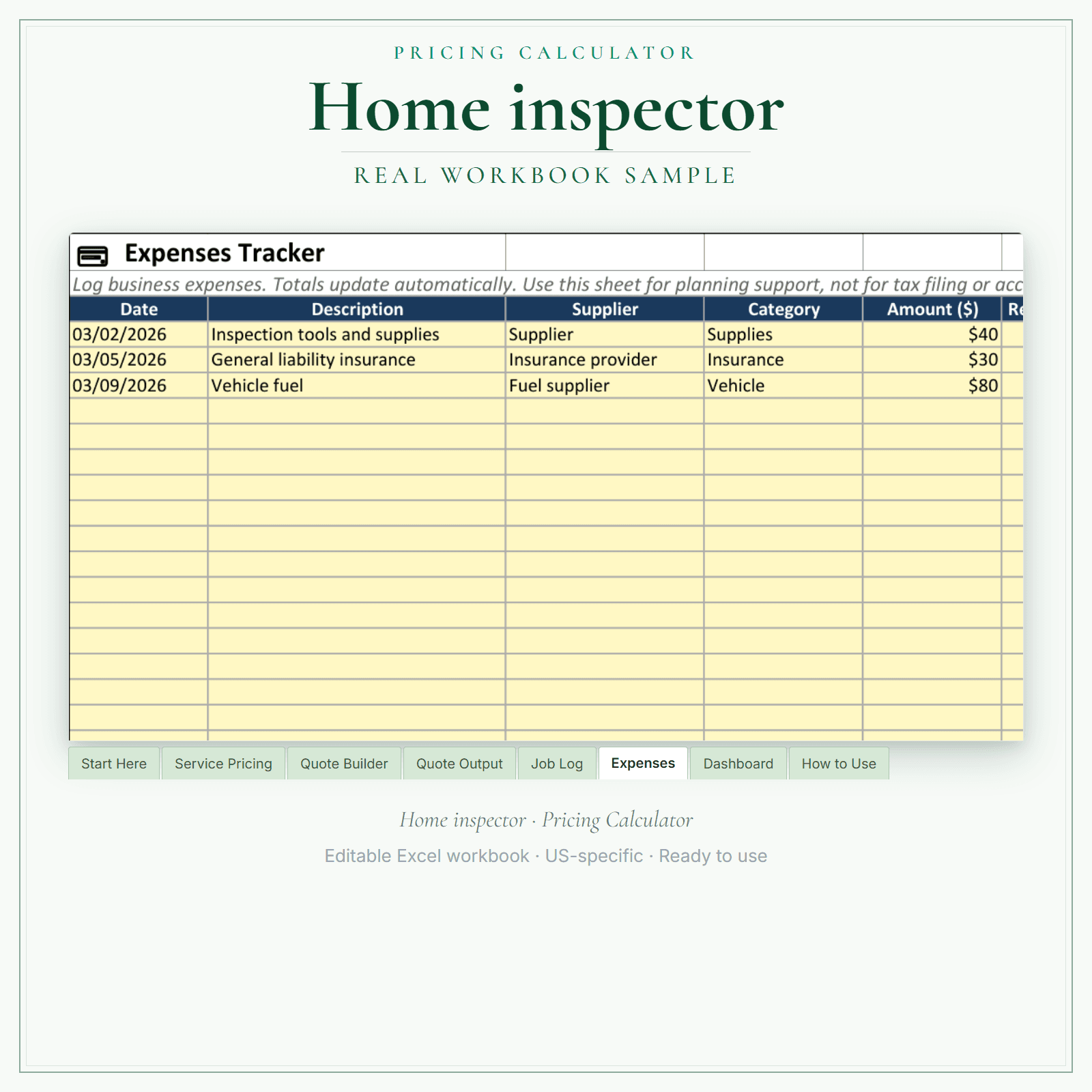 Home Inspector Pricing Calculator sample pages