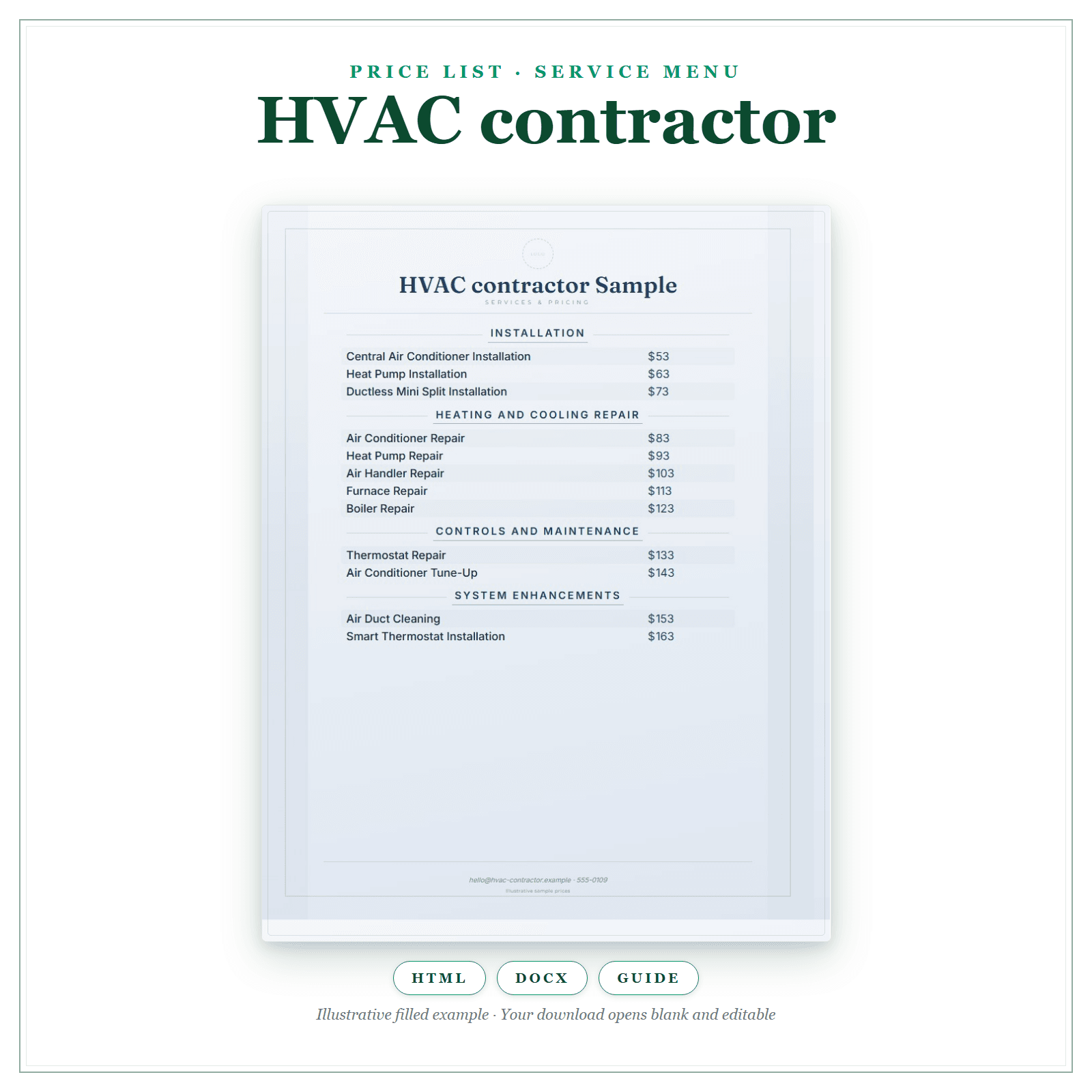 Price List & Service Menu for HVAC Contractor