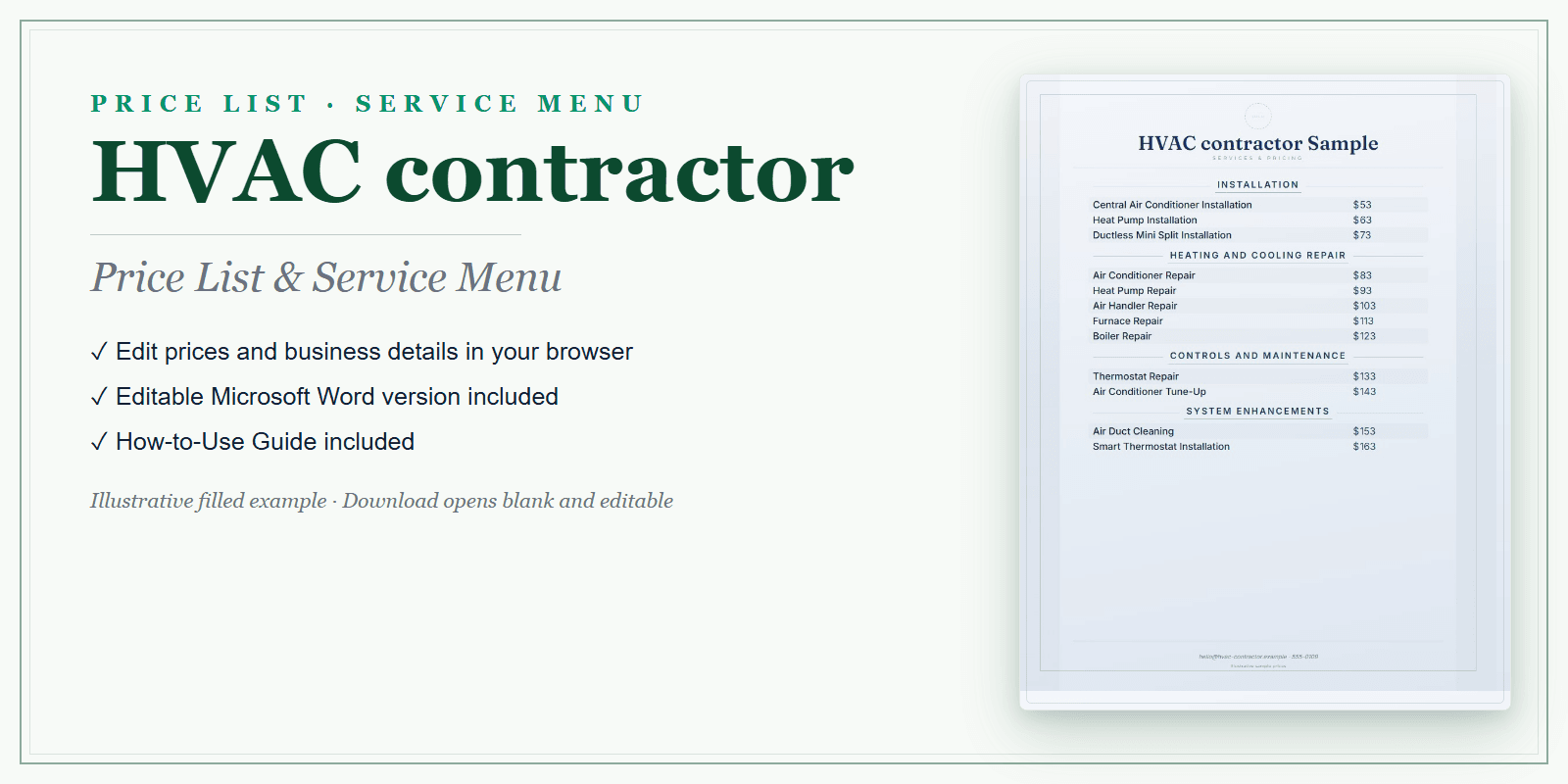 HVAC Contractor Price List & Service Menu product preview