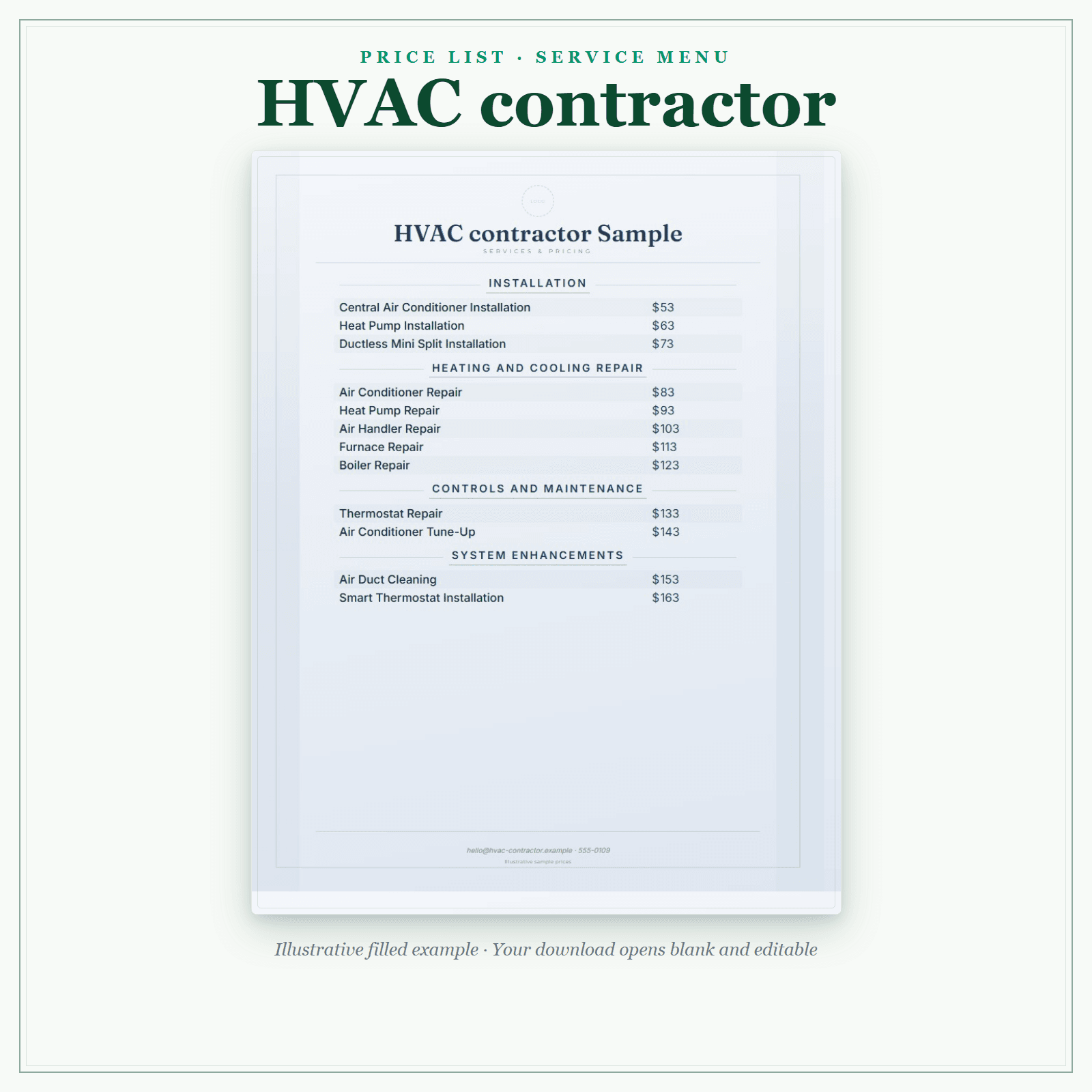HVAC Contractor Price List & Service Menu sample pages