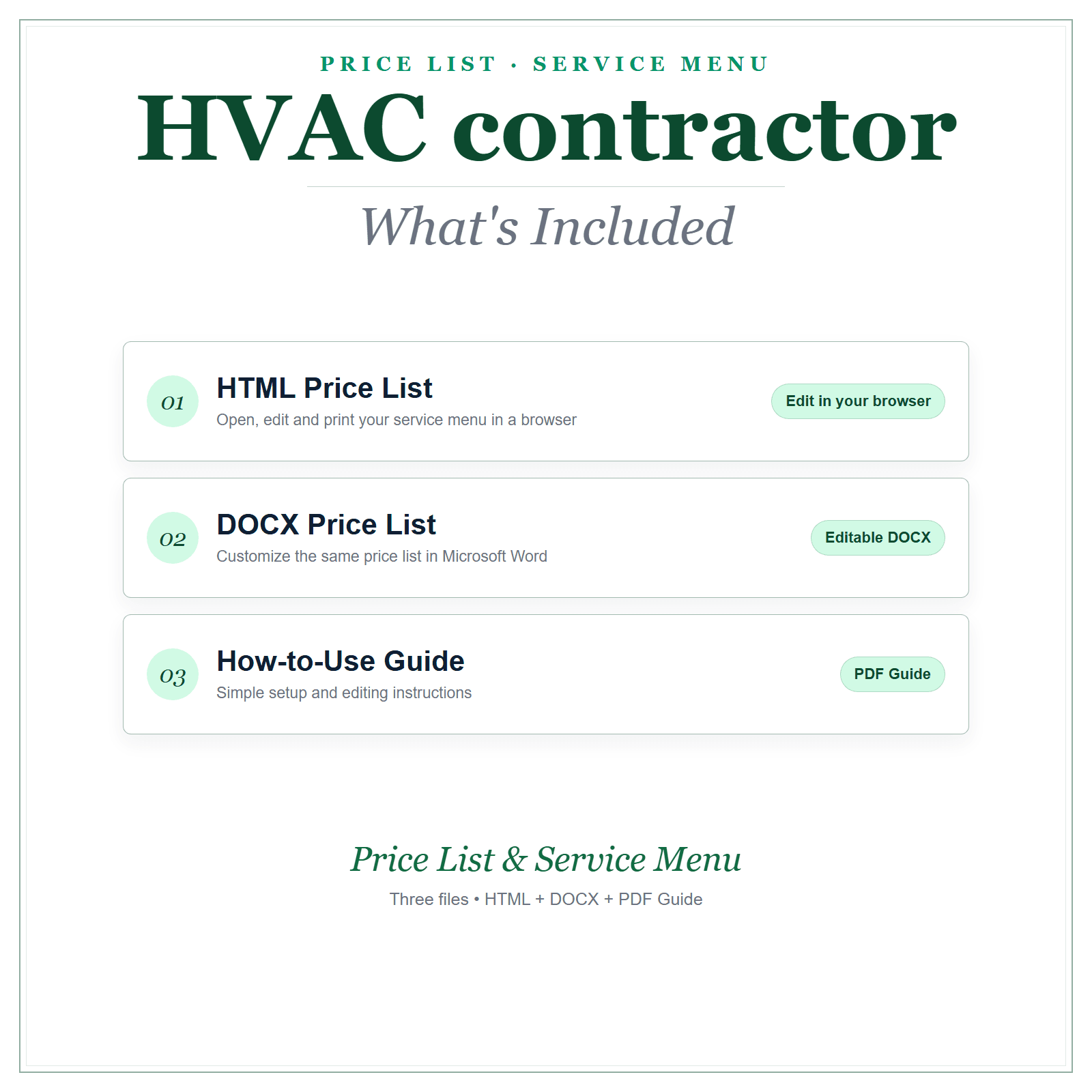 What's included in HVAC Contractor Price List & Service Menu