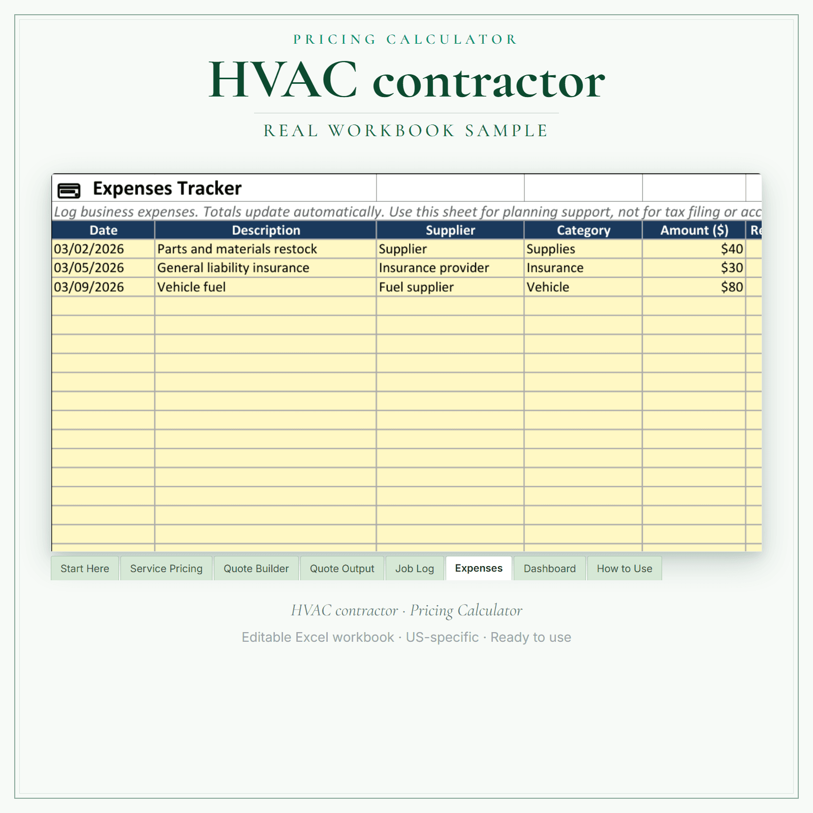 HVAC Contractor Pricing Calculator sample pages