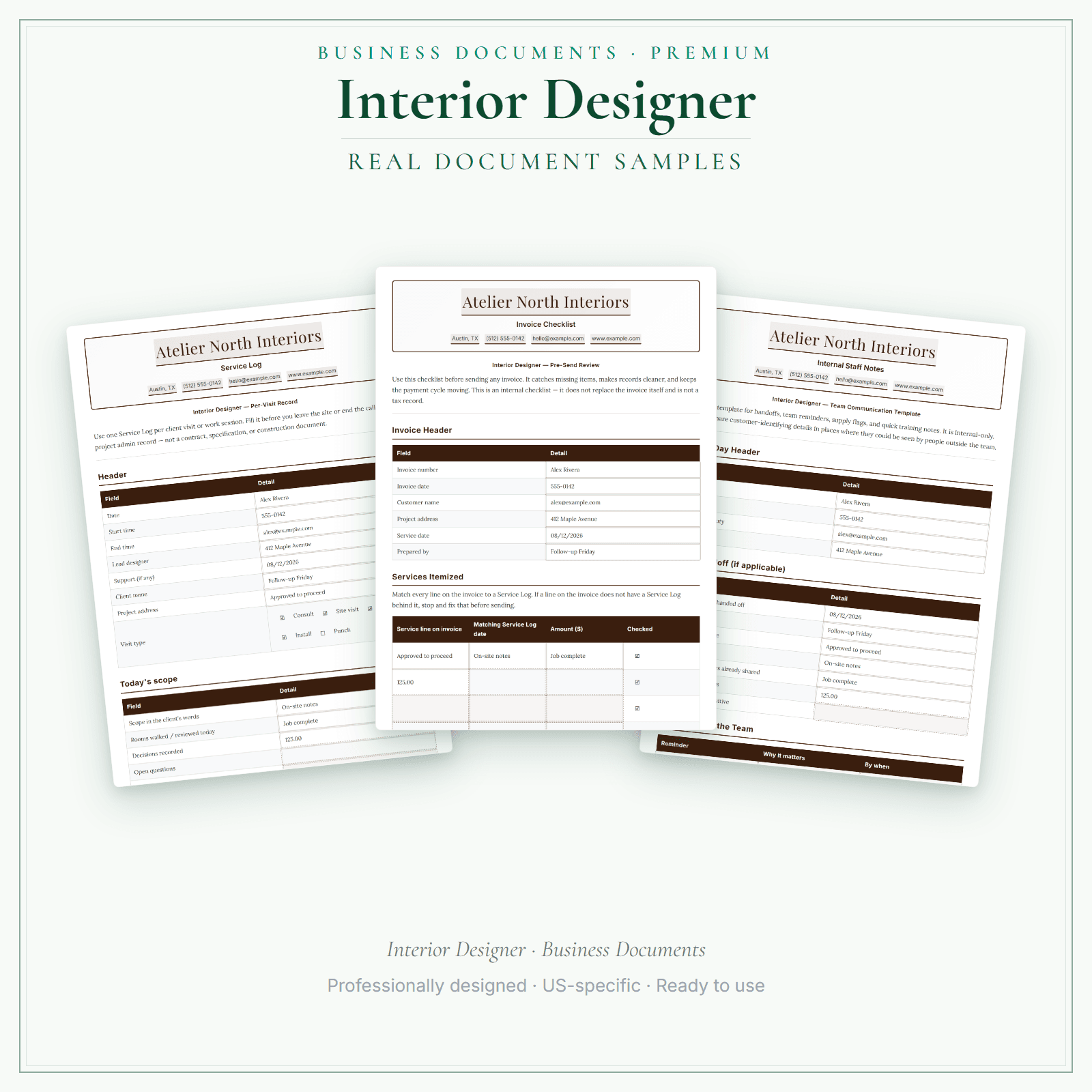 Interior Designer Business Documents — Premium sample pages
