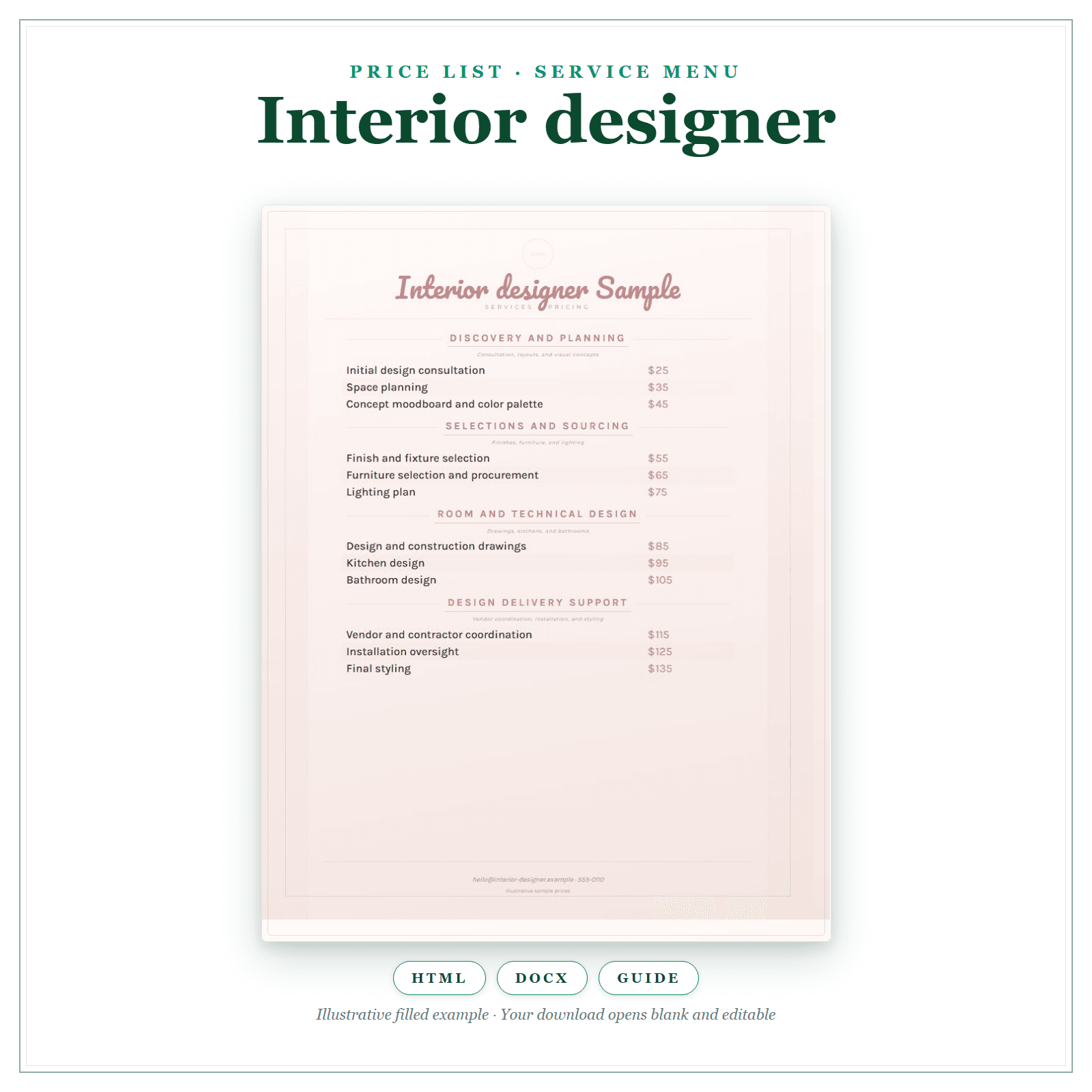 Price List & Service Menu for Interior Designer