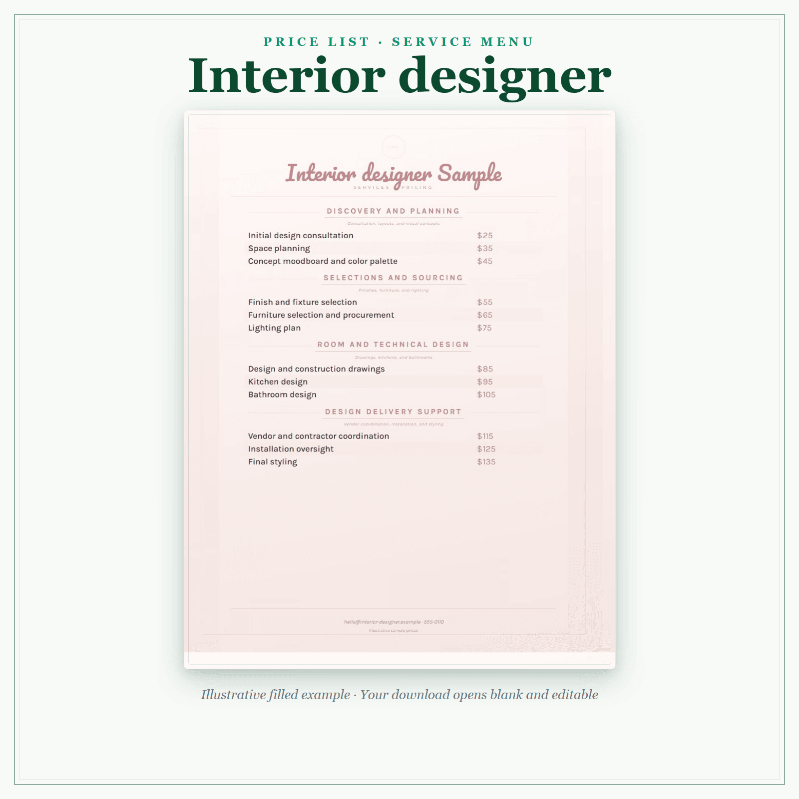 Interior Designer Price List & Service Menu sample pages