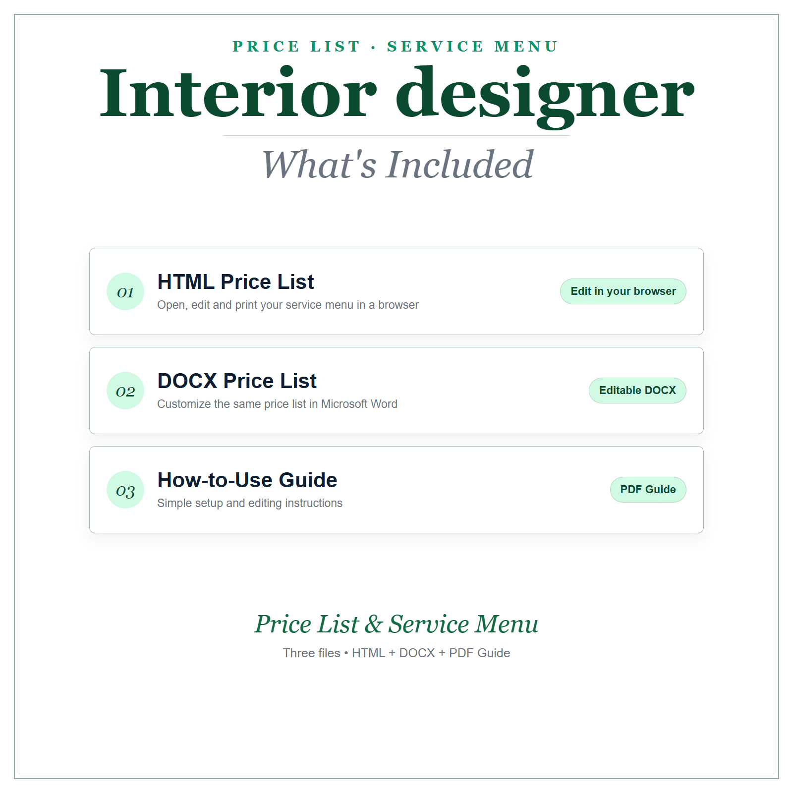 What's included in Interior Designer Price List & Service Menu