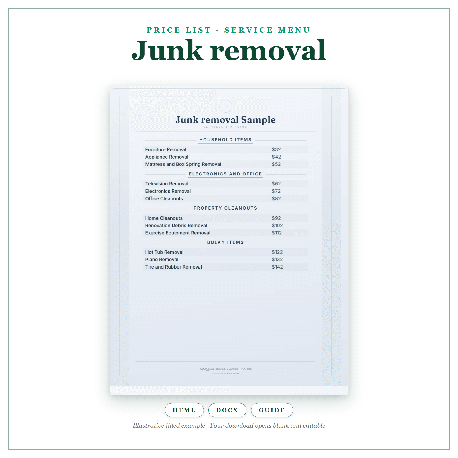 Price List & Service Menu for Junk Removal