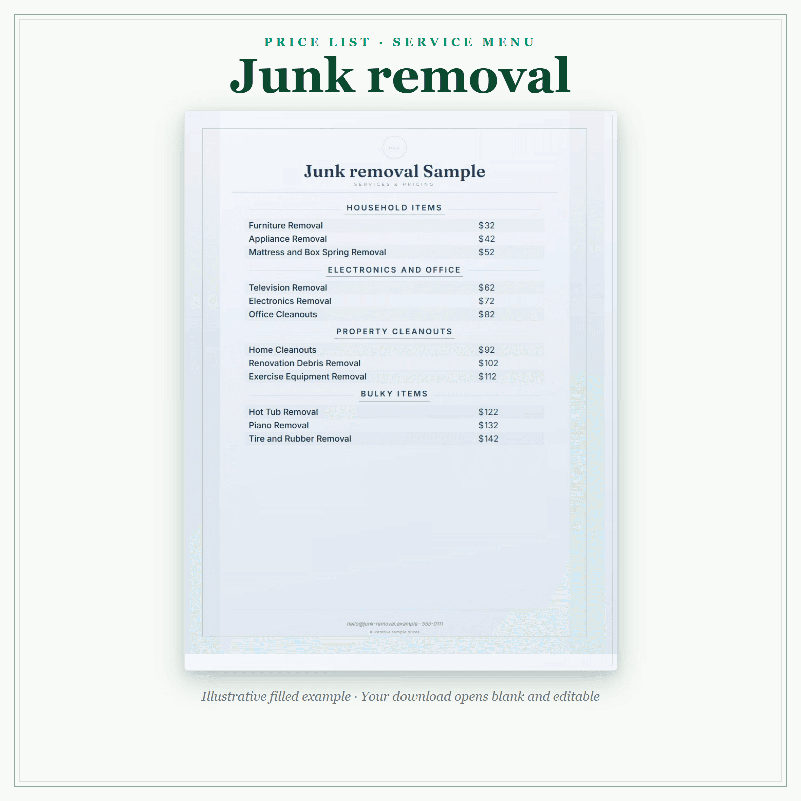 Junk Removal Price List & Service Menu sample pages