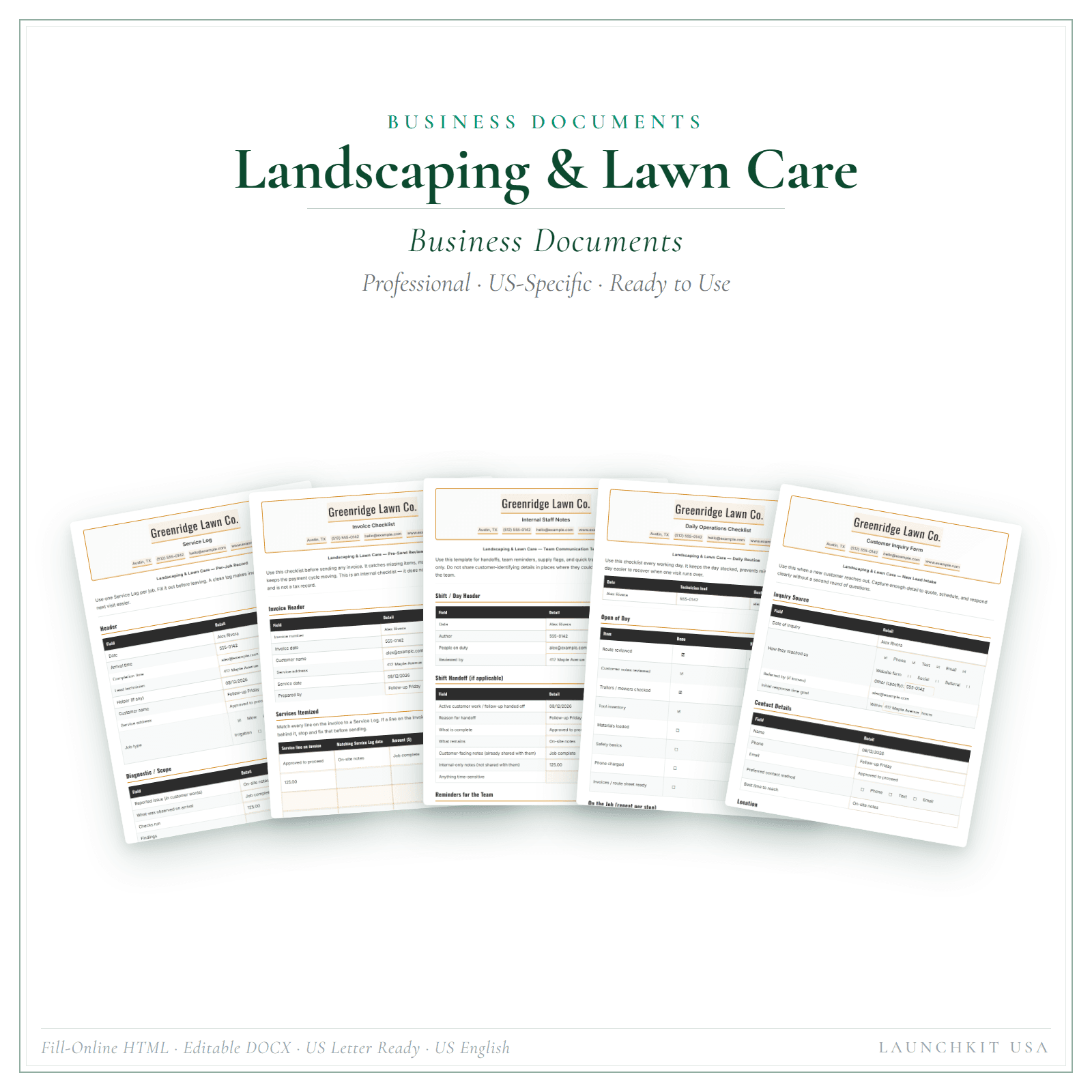 Business Documents for Landscaping & Lawn Care