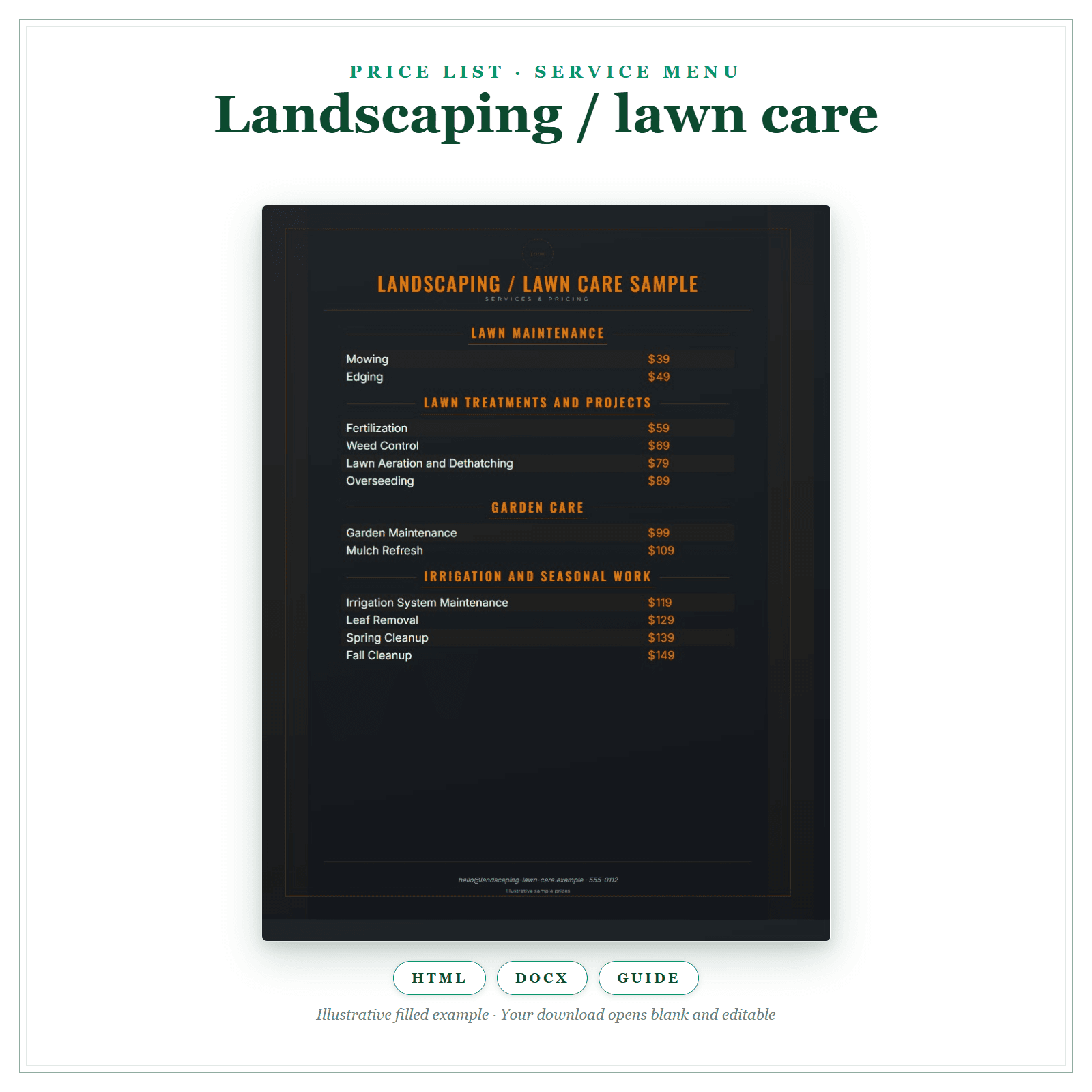 Price List & Service Menu for Landscaping & Lawn Care