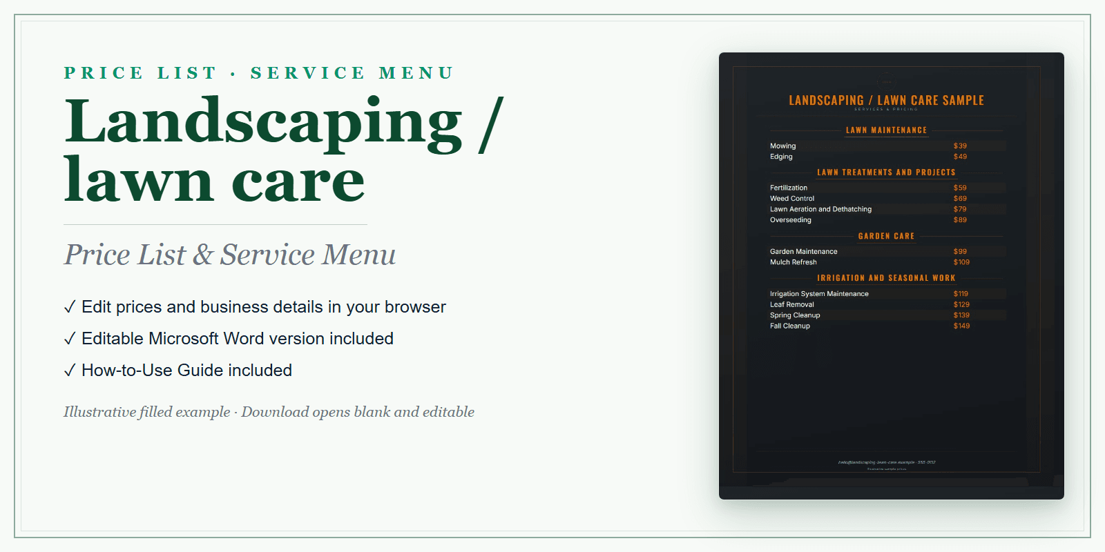 Landscaping & Lawn Care Price List & Service Menu product preview
