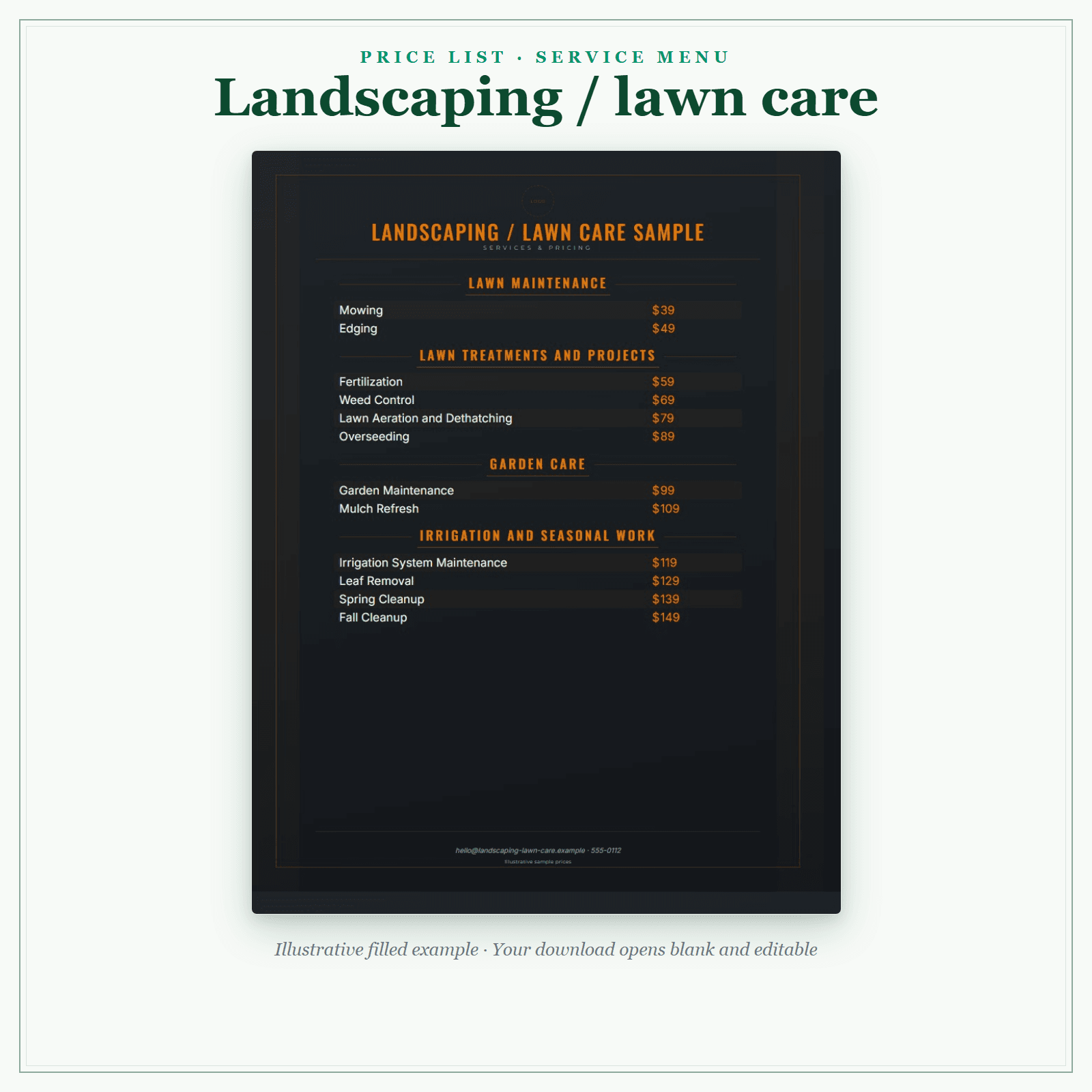 Landscaping & Lawn Care Price List & Service Menu sample pages