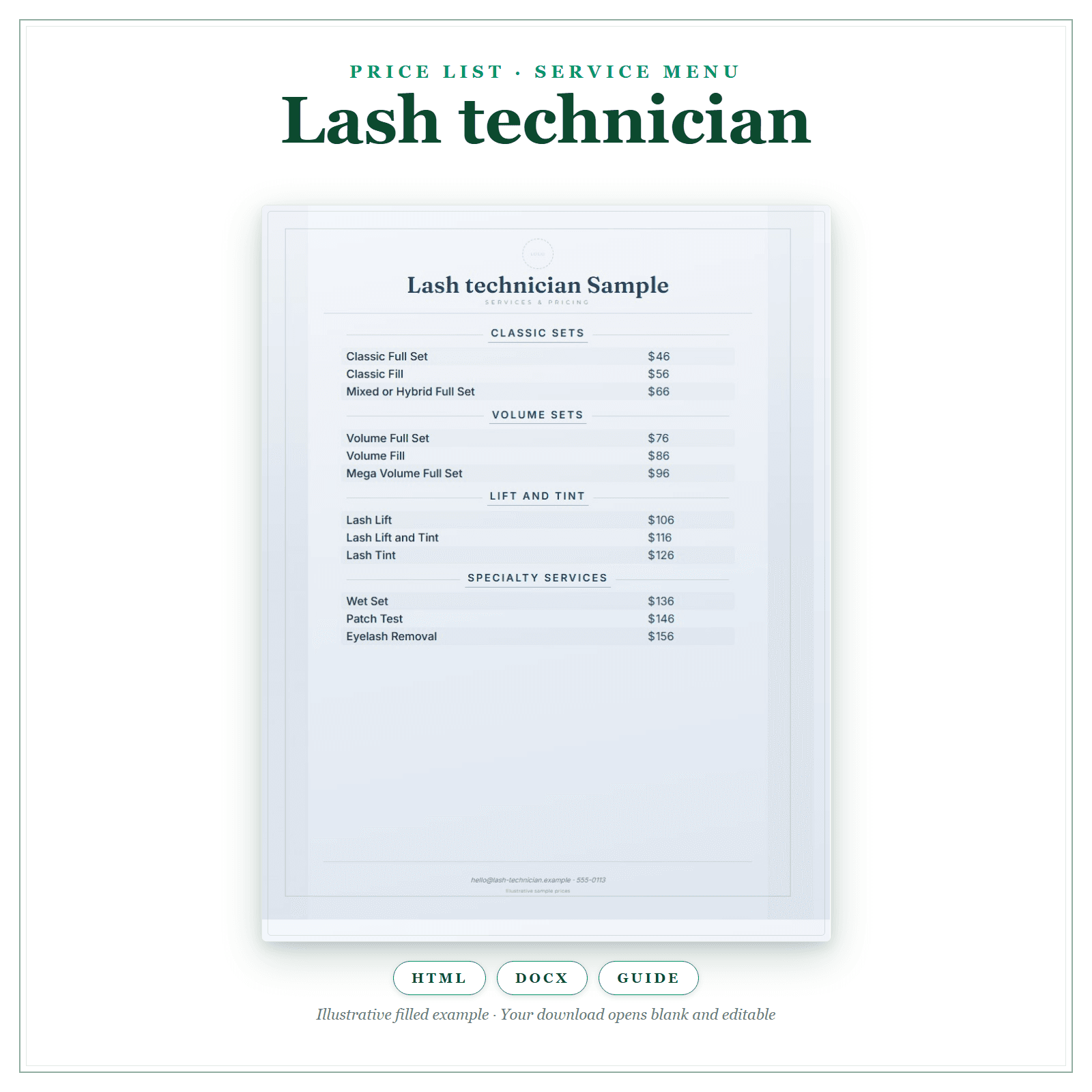 Price List & Service Menu for Lash Technician