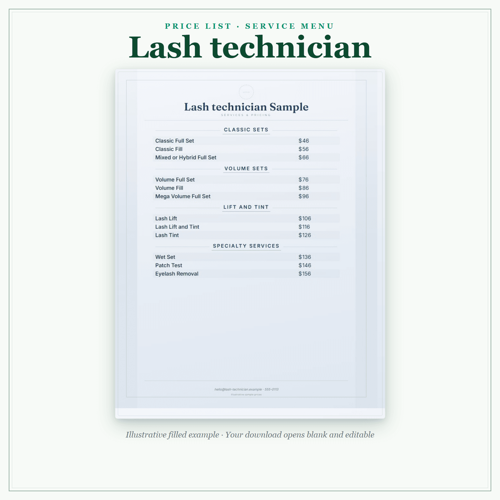 Lash Technician Price List & Service Menu sample pages