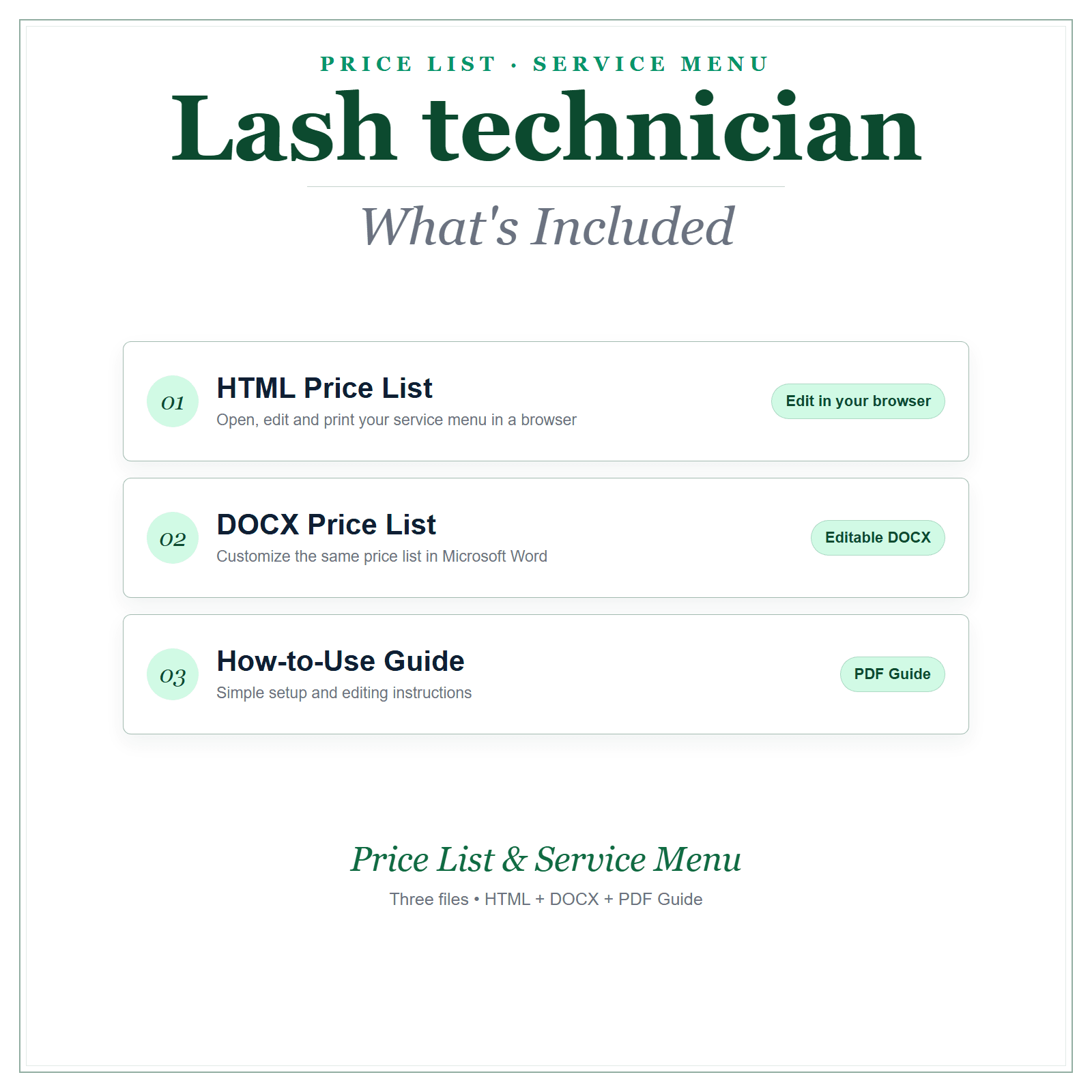 What's included in Lash Technician Price List & Service Menu