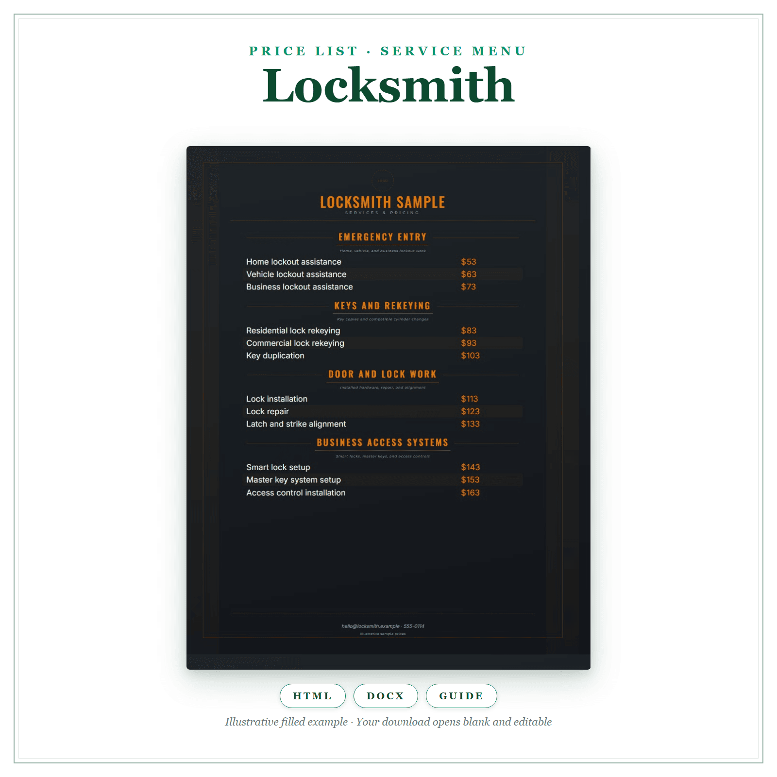 Price List & Service Menu for Locksmith
