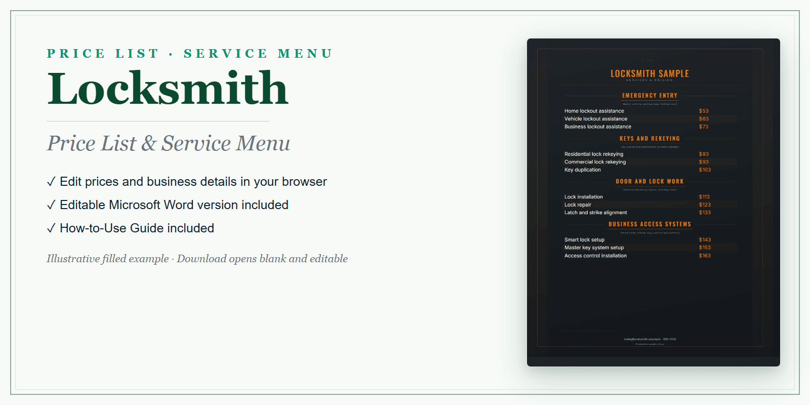 Locksmith Price List & Service Menu product preview