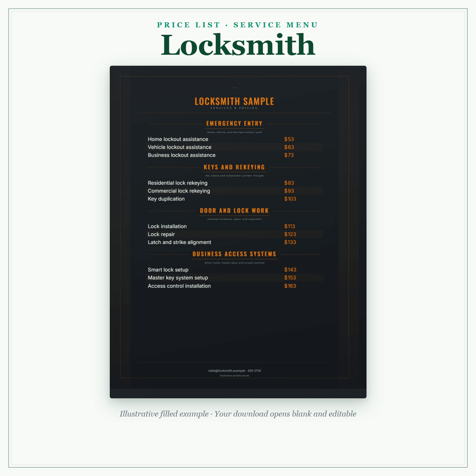 Locksmith Price List & Service Menu sample pages