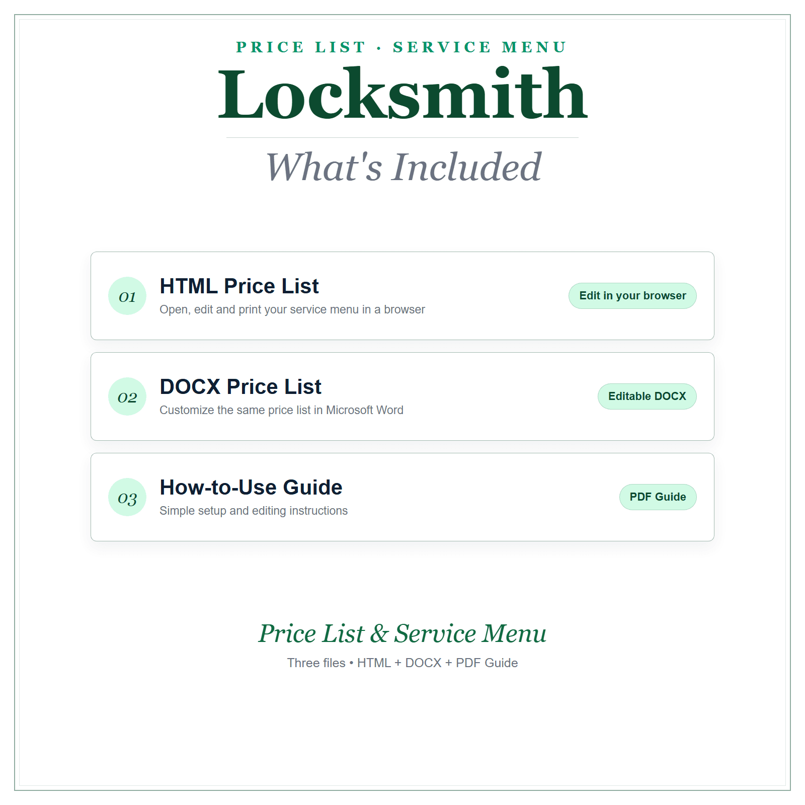 What's included in Locksmith Price List & Service Menu