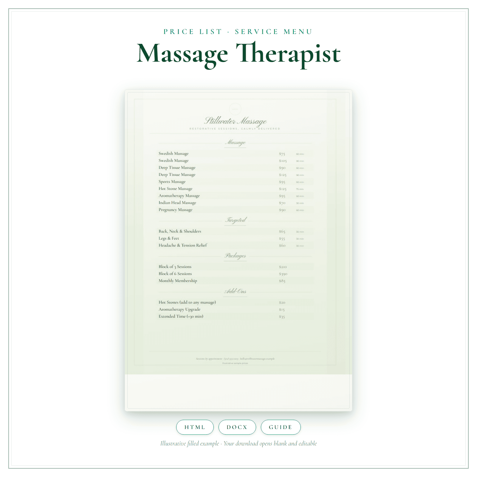Price List & Service Menu for Massage Therapist