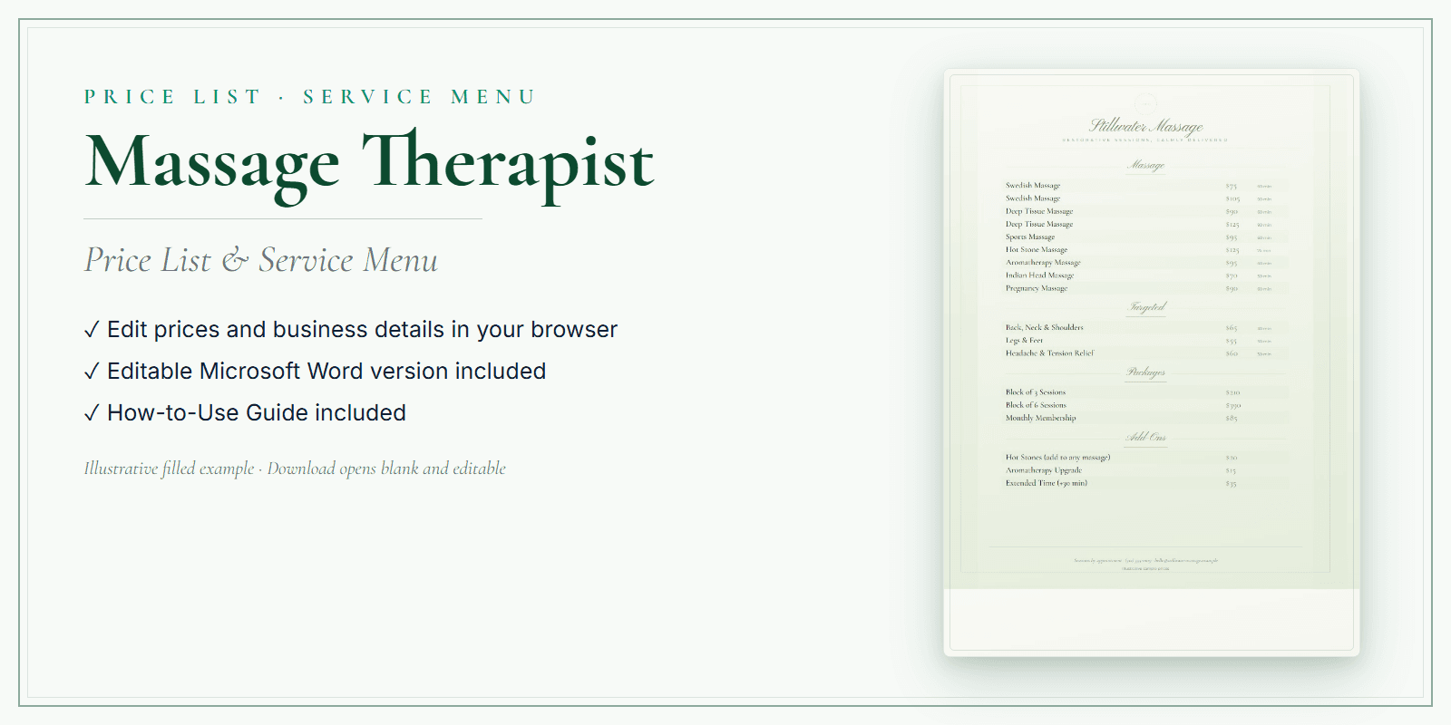 Massage Therapist Price List & Service Menu product preview