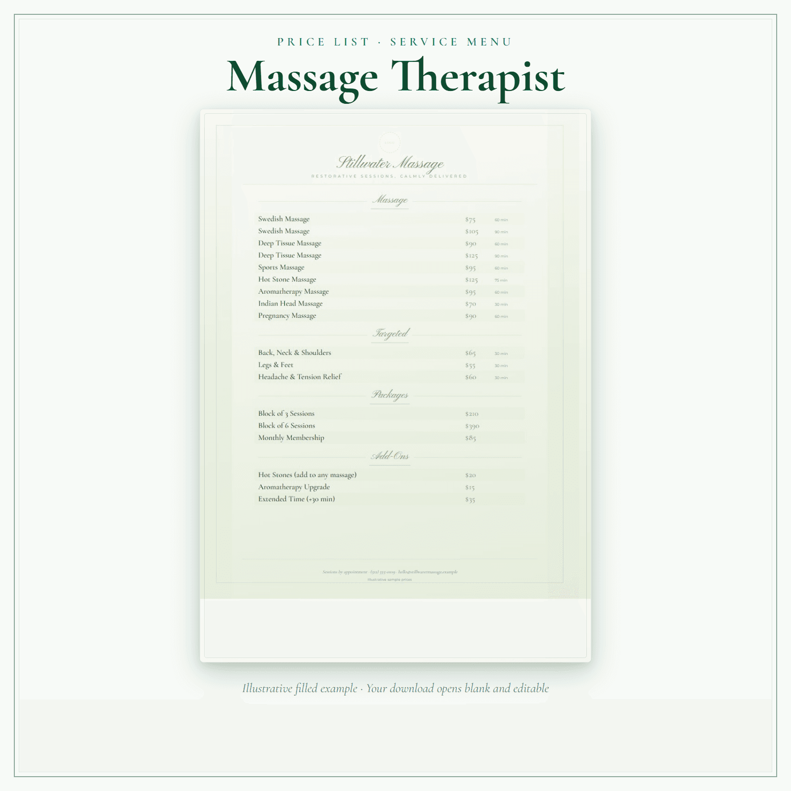 Massage Therapist Price List & Service Menu sample pages