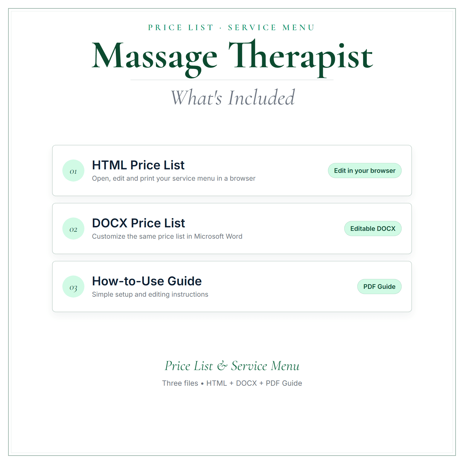 What's included in Massage Therapist Price List & Service Menu