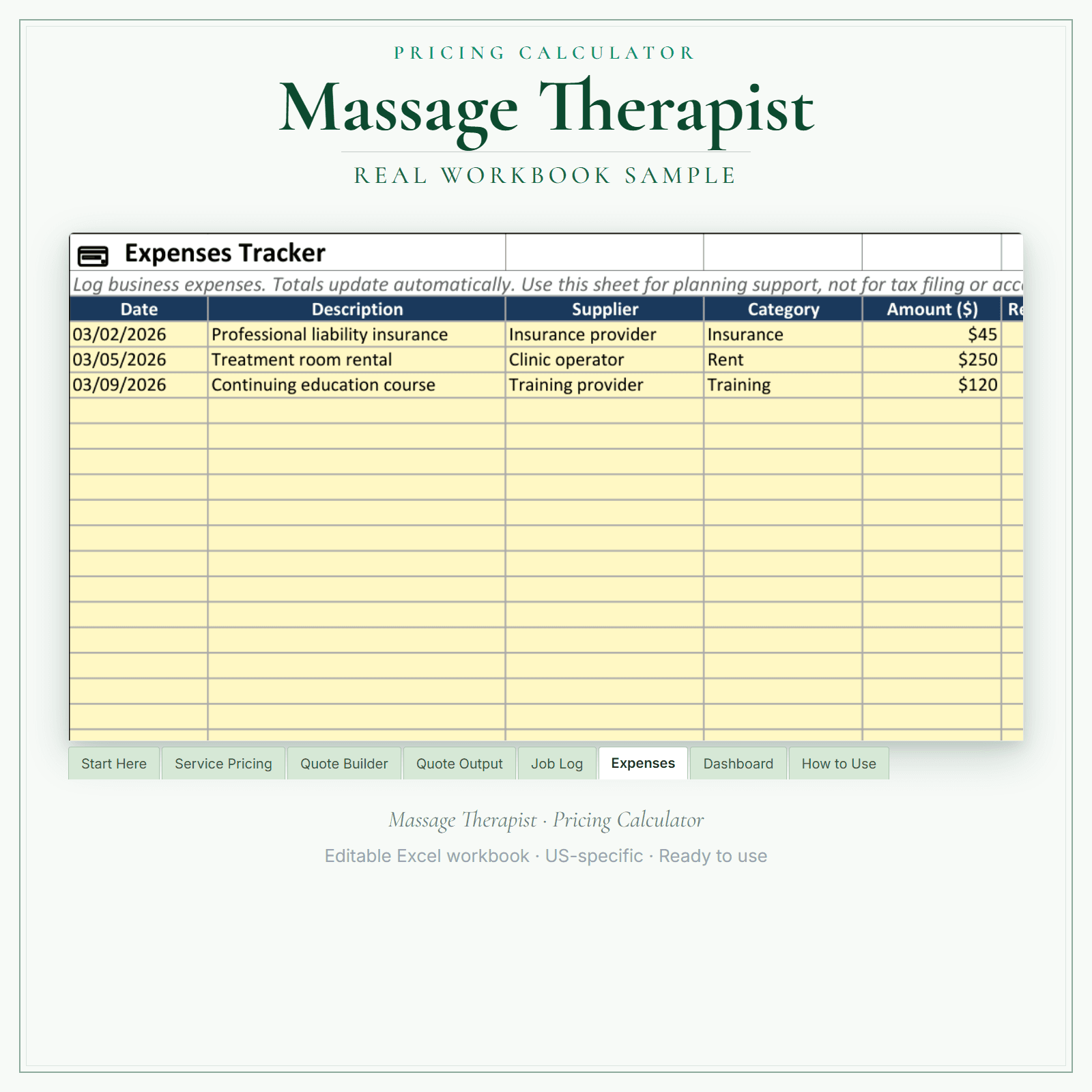 Massage Therapist Pricing Calculator sample pages