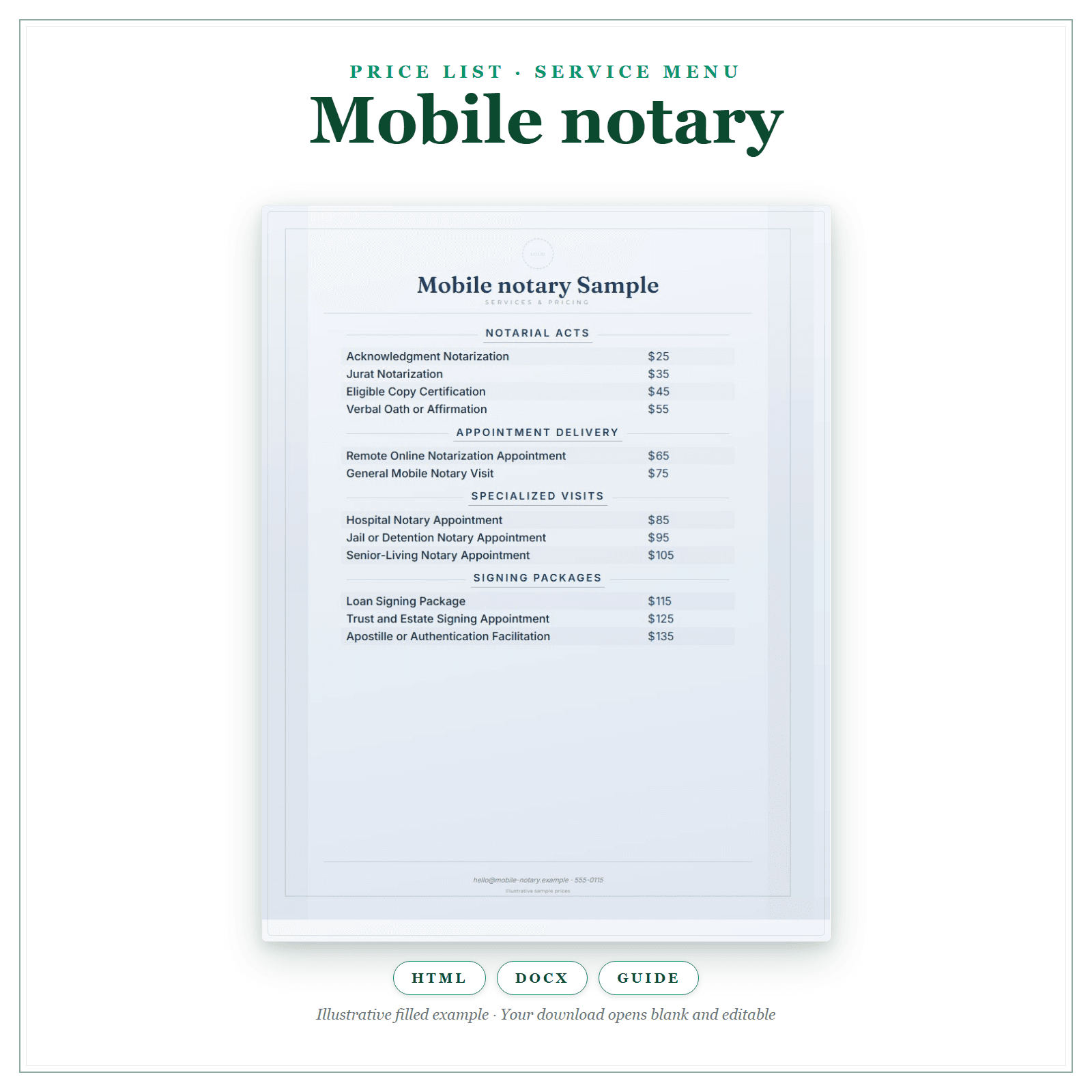 Price List & Service Menu for Mobile Notary