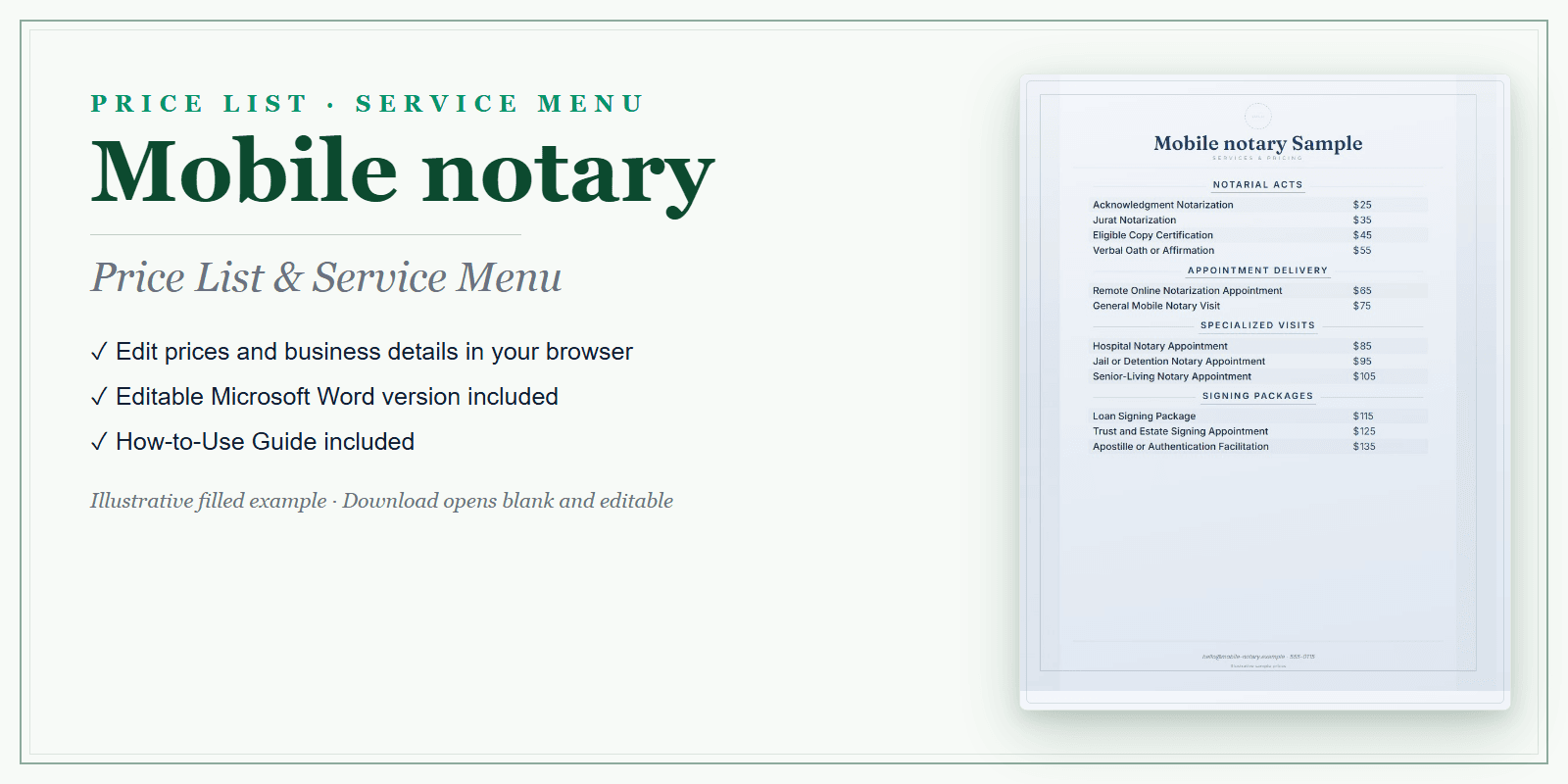 Mobile Notary Price List & Service Menu product preview