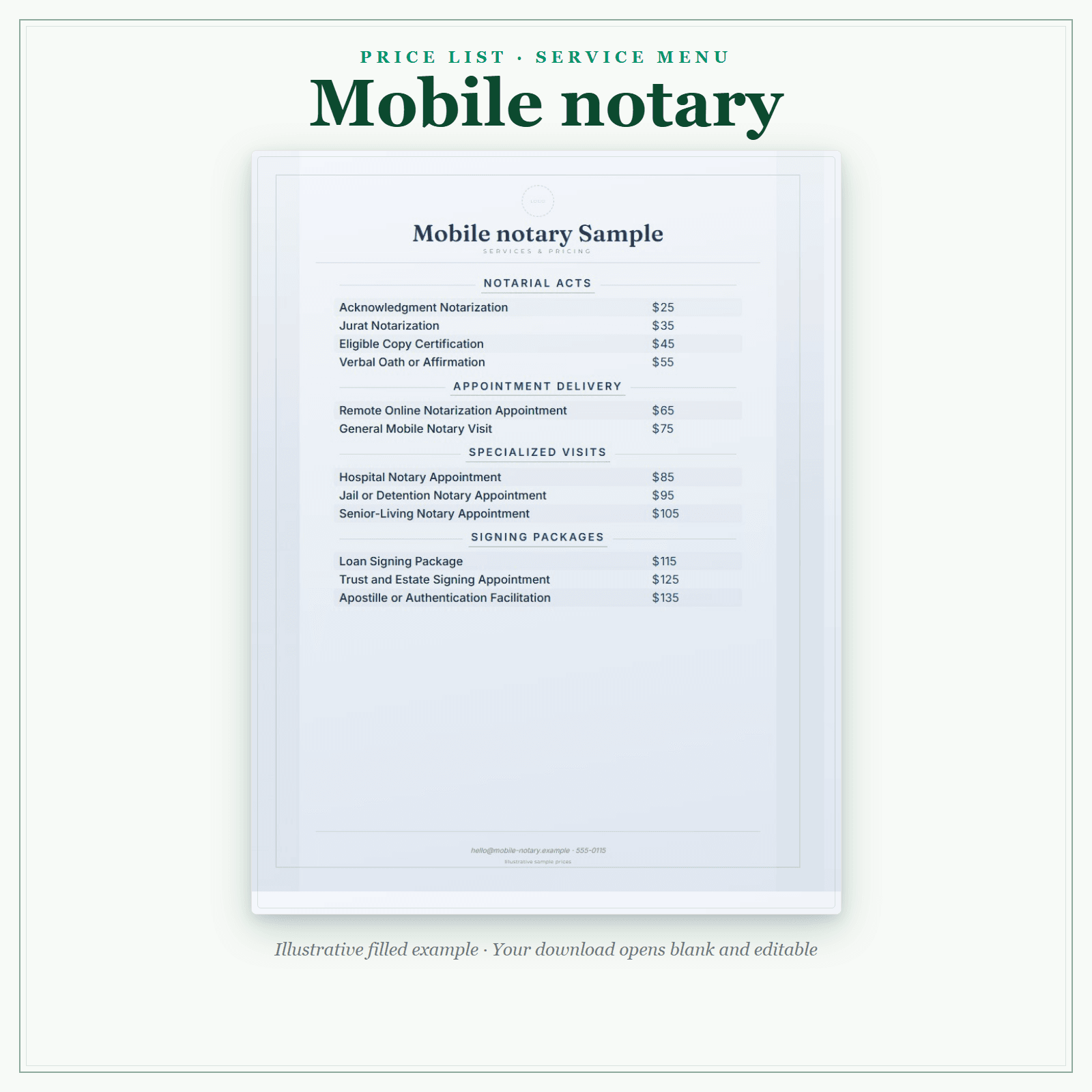 Mobile Notary Price List & Service Menu sample pages
