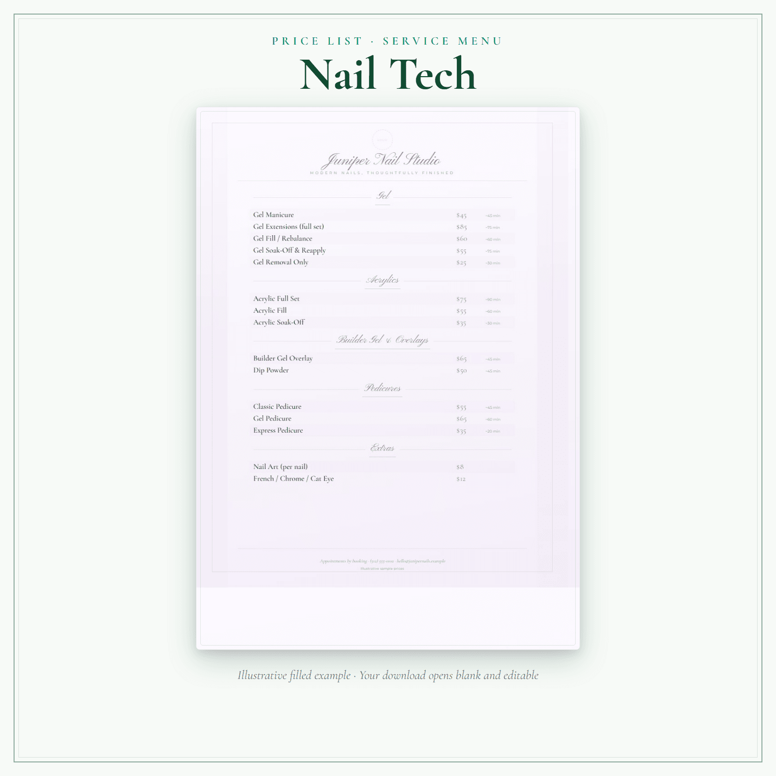 Nail Tech Price List & Service Menu sample pages