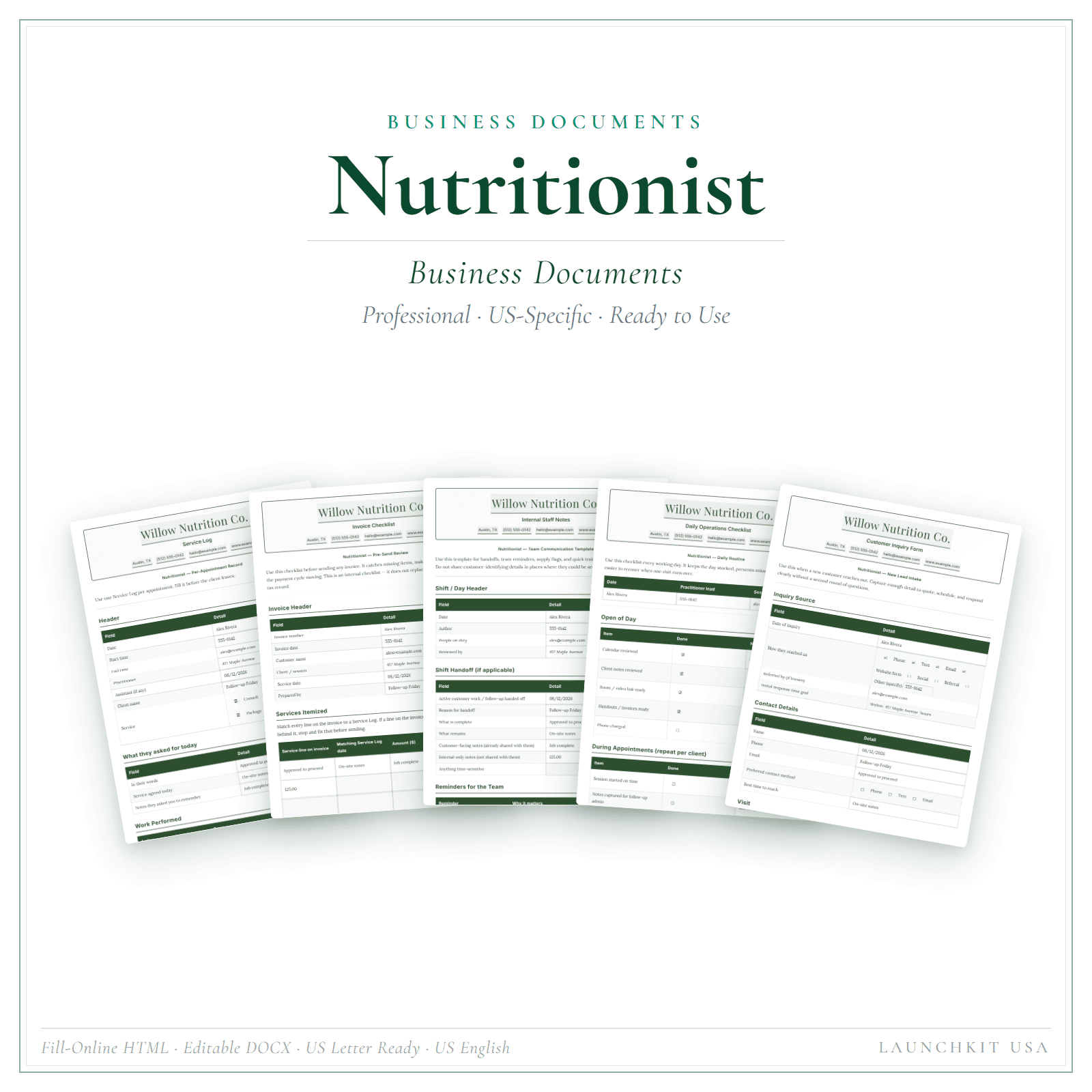 Business Documents for Nutritionist