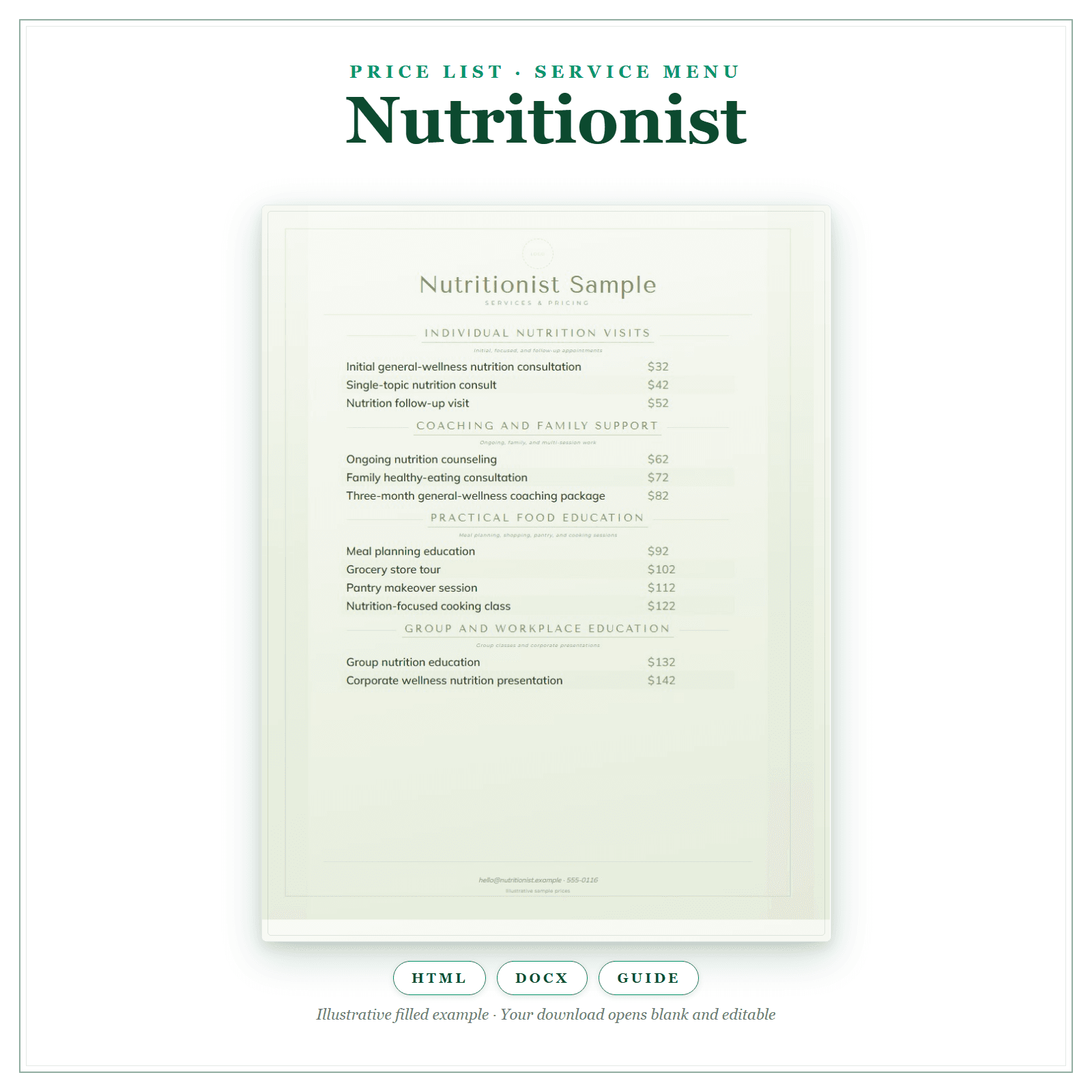 Price List & Service Menu for Nutritionist