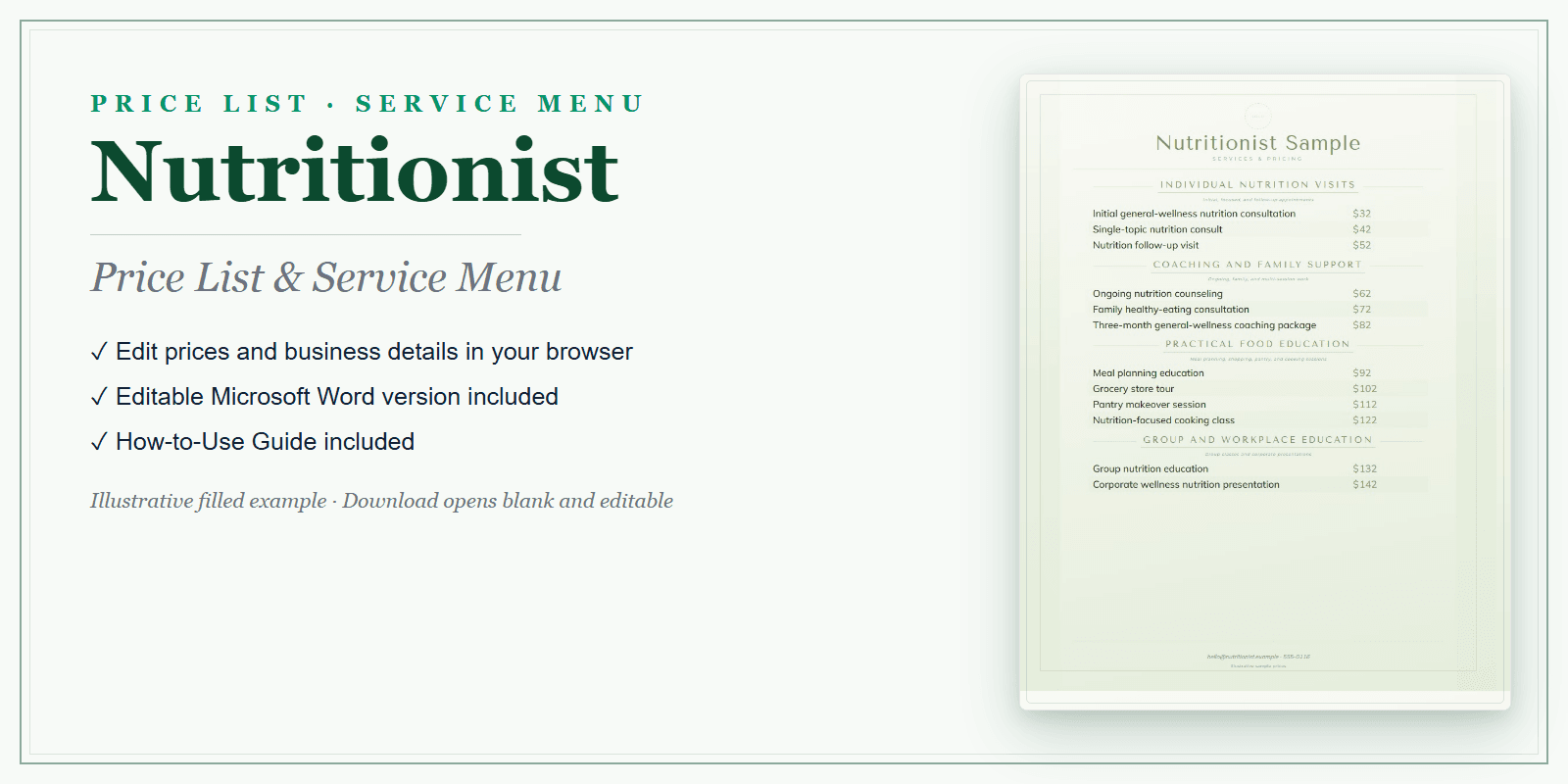 Nutritionist Price List & Service Menu product preview